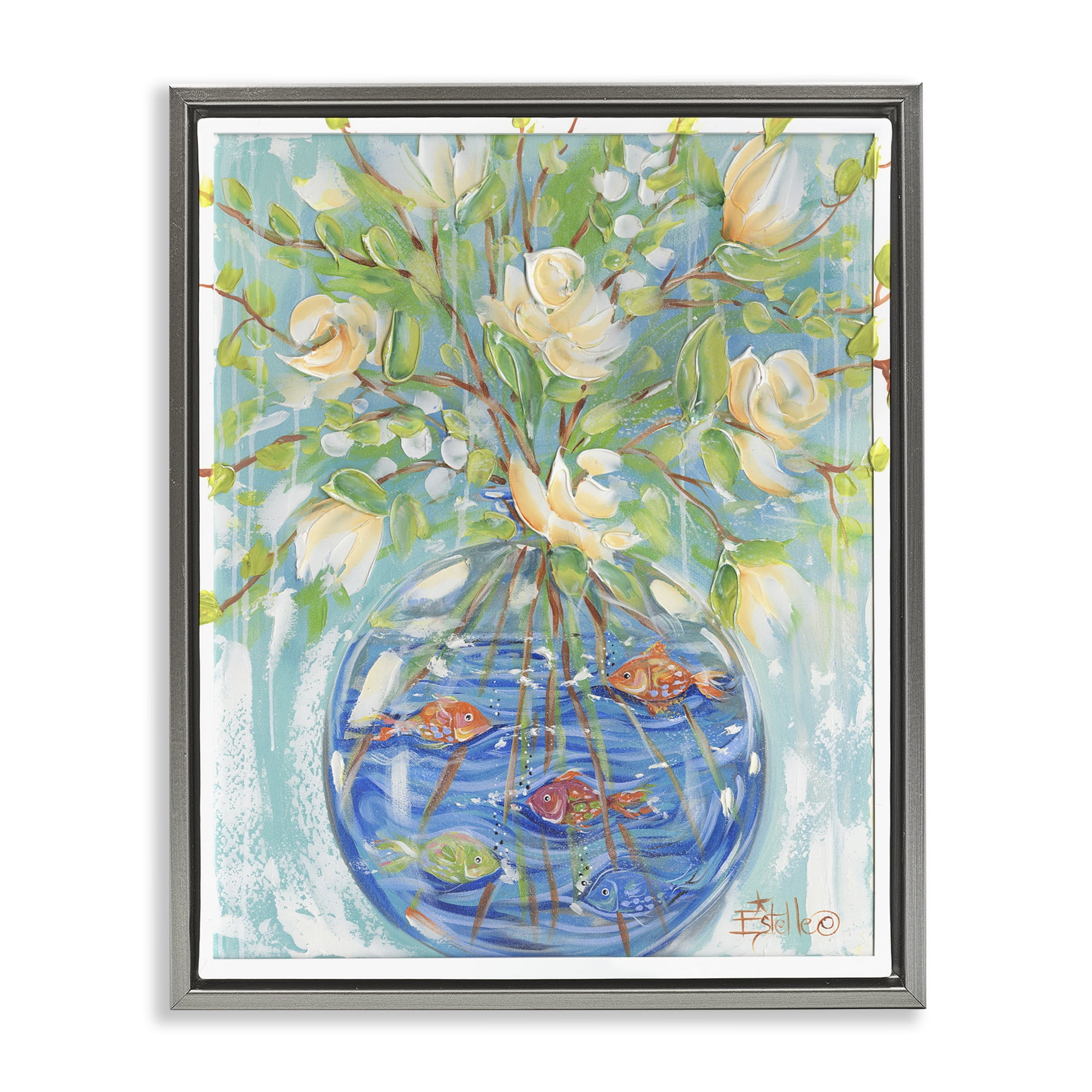 Stupell Industries Fish Bowl Bouquet Plants & Flowers Painting Gray Floater Framed Canvas Art Print Wall Art, 17 x 21