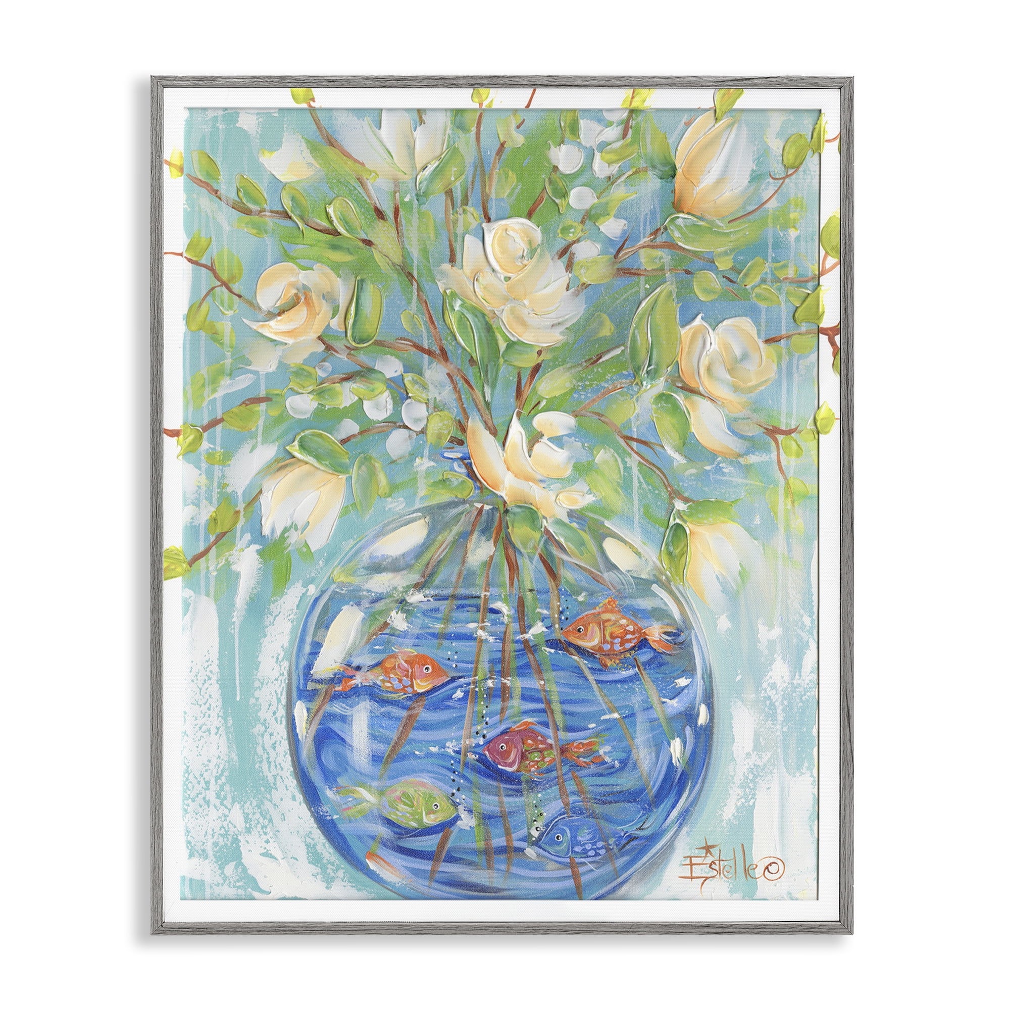 Stupell Industries Fish Bowl Bouquet Plants & Flowers Painting Gray Framed Art Print Wall Art, 16 x 20
