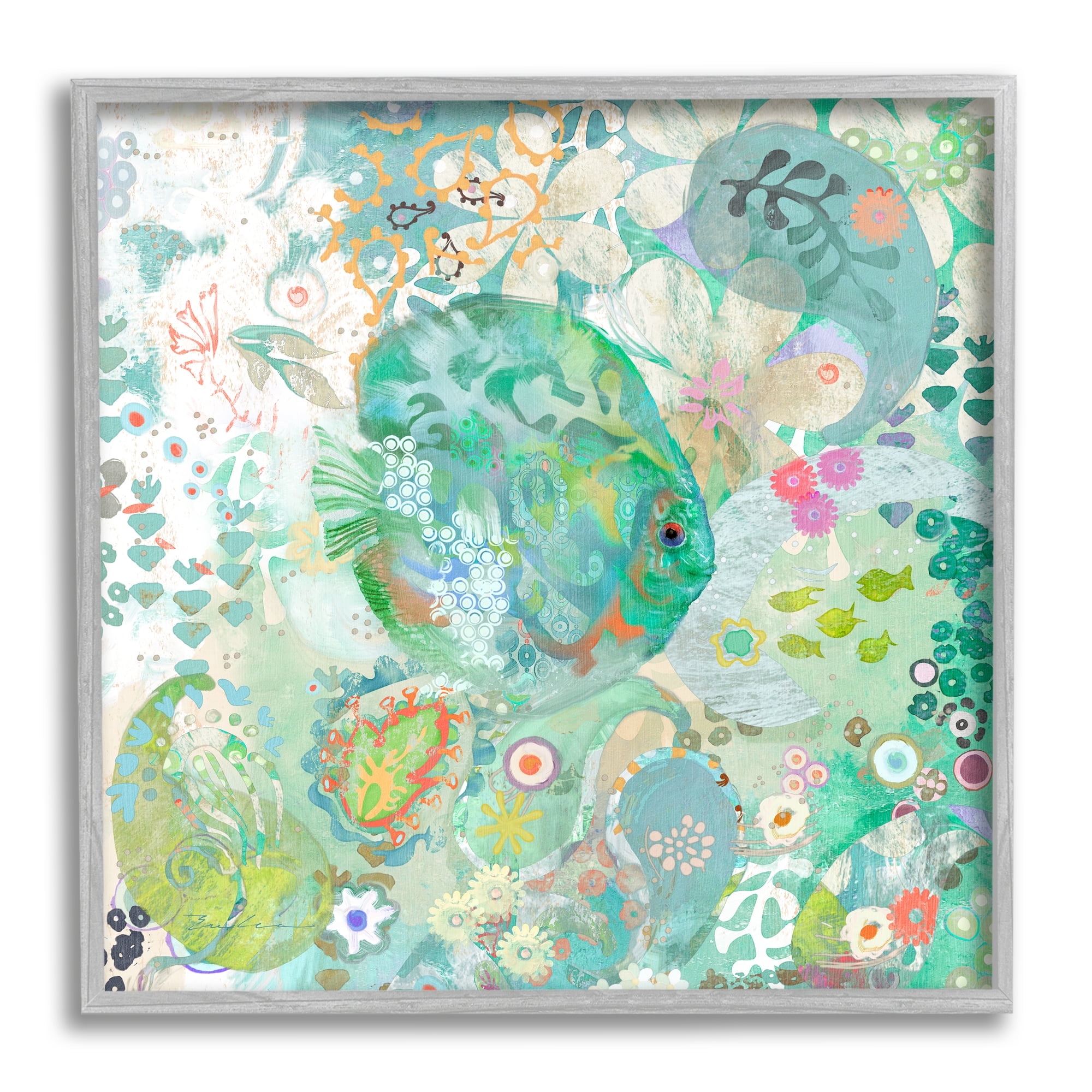 Stupell Industries Fish & Coral Pattern Animals & Insects Painting Gray Framed Art Print Wall Art, 17 x 17