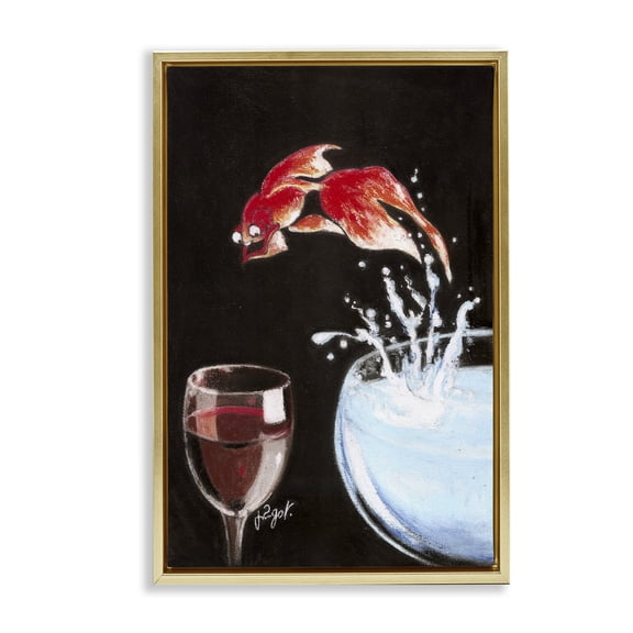 Stupell Industries Fish Diving Into Wine Glass Animals Painting Gold Floater Framed Canvas Art Print Wall Art, 17 x 25