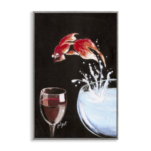 Stupell Industries Fish Diving Into Wine Glass Animals Painting Gray Framed Art Print Wall Art, 20 x 30