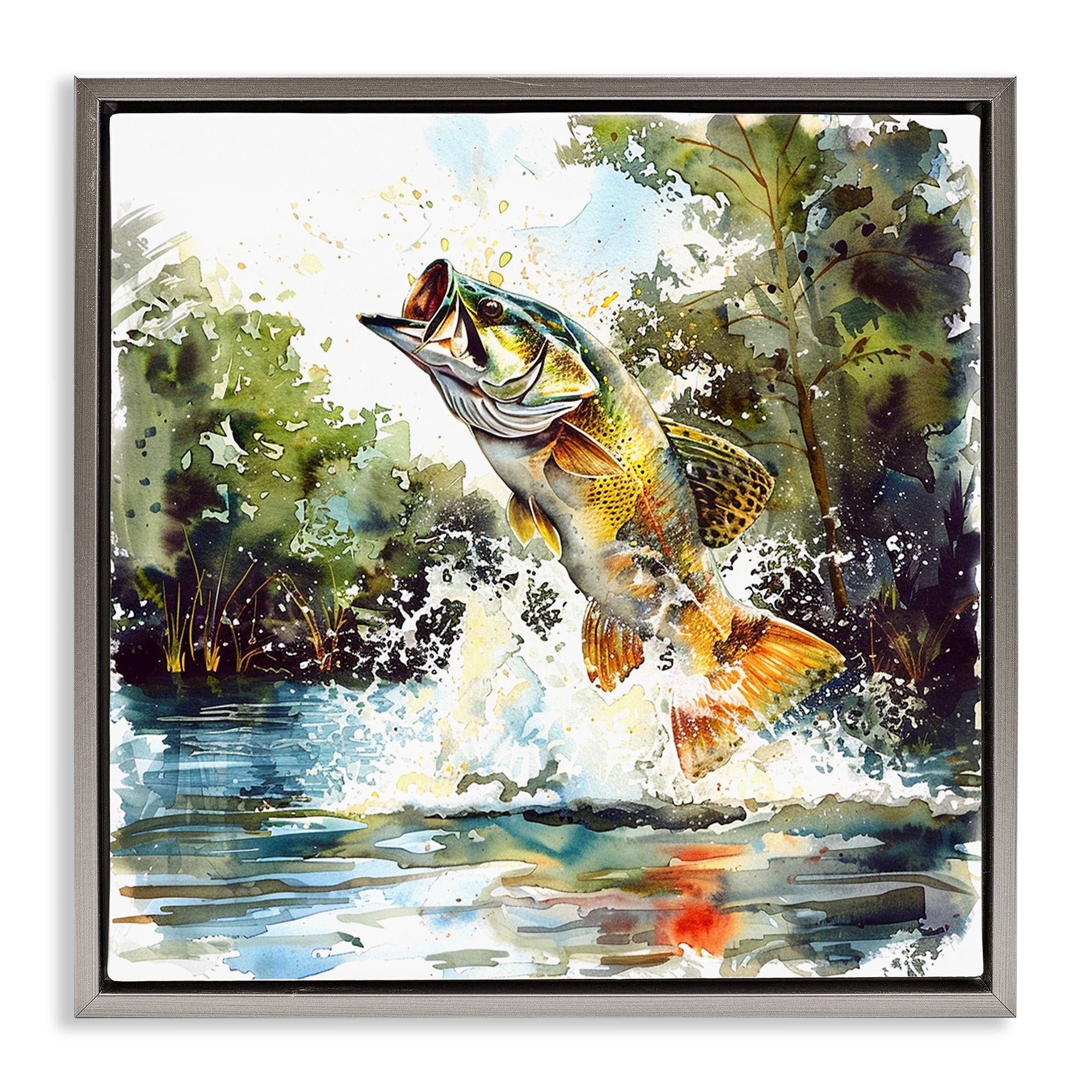 Stupell Industries Fish Jumping Splash Animals Painting Gray Floater Framed Canvas Art Print Wall Art, 18 x 18