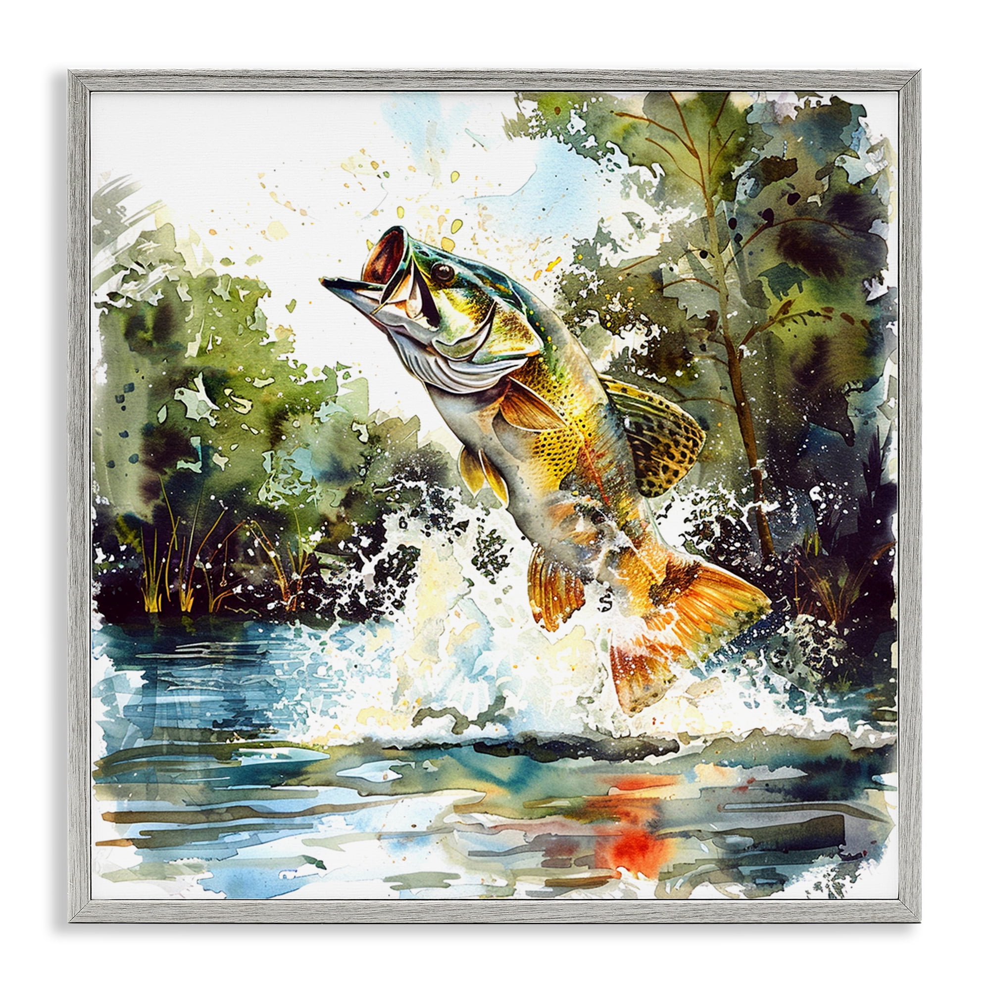 Stupell Industries Fish Jumping Splash Animals Painting Gray Framed Art Print Wall Art, 24 x 24