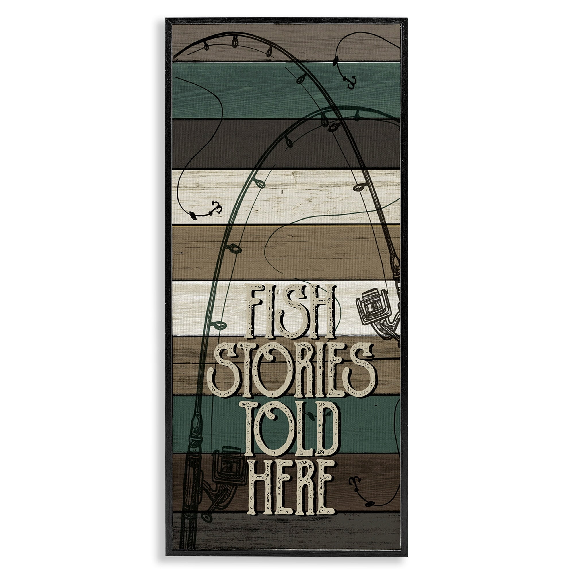 Stupell Industries Fish Stories Sold Here Sign Rustic Fishing Rods Inspirational Painting Black Framed Art Print Wall Art, 10 x 24