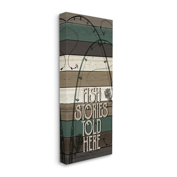 Stupell Industries Fish Stories Sold Here Sign Rustic Fishing Rods Inspirational Painting Gallery Wrapped Canvas Print Wall Art, 13 x 30