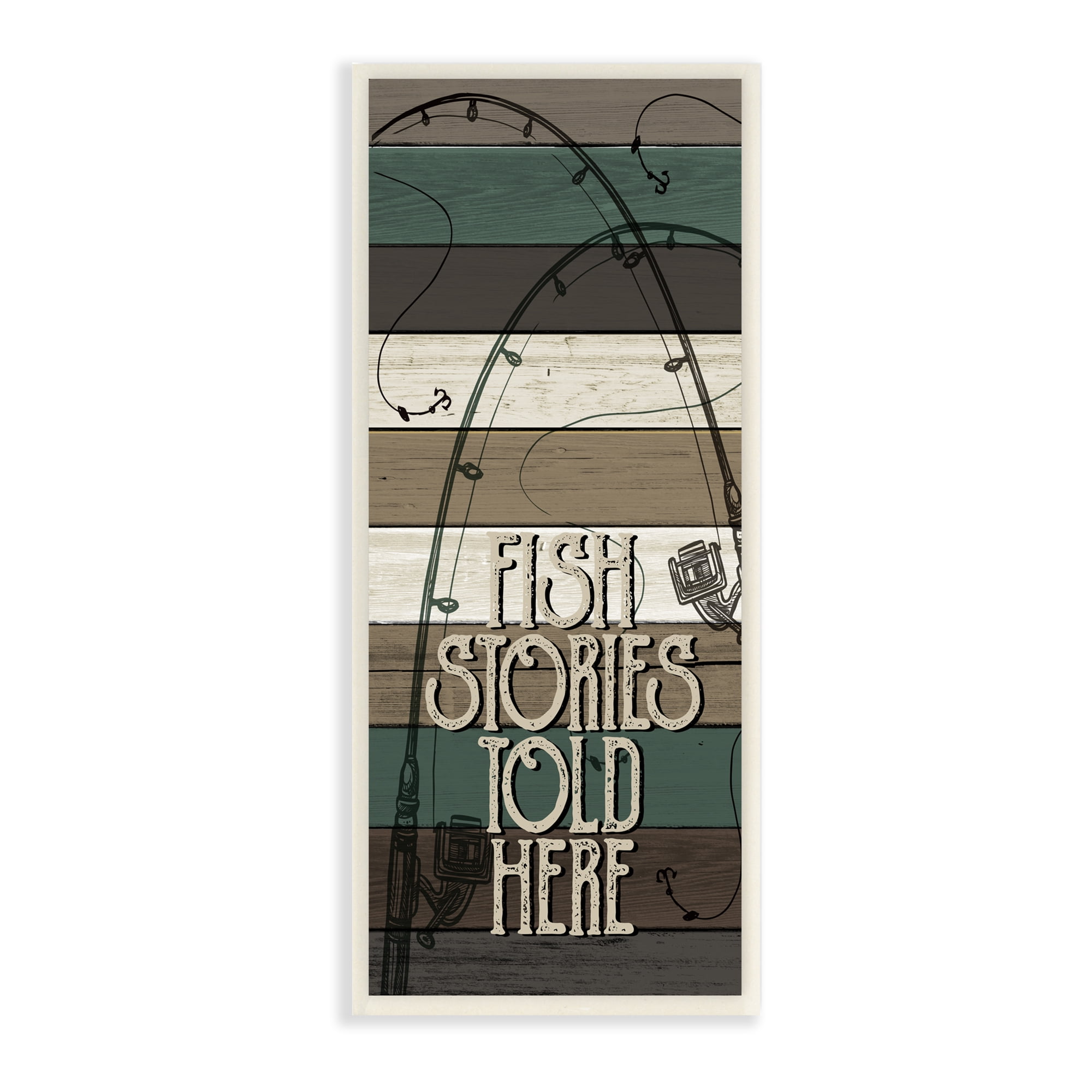 Stupell Industries Fish Stories Sold Here Sign Rustic Fishing Rods Inspirational Painting Unframed Art Print Wall Art, 7 x 17