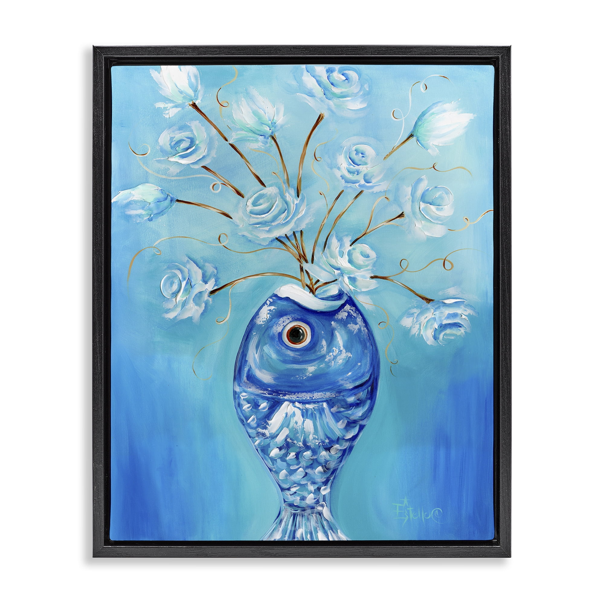 Stupell Industries Fish Vase Bouquet Botanical & Floral Painting Black Floater Framed Art Print Wall Art, 25 x 31
