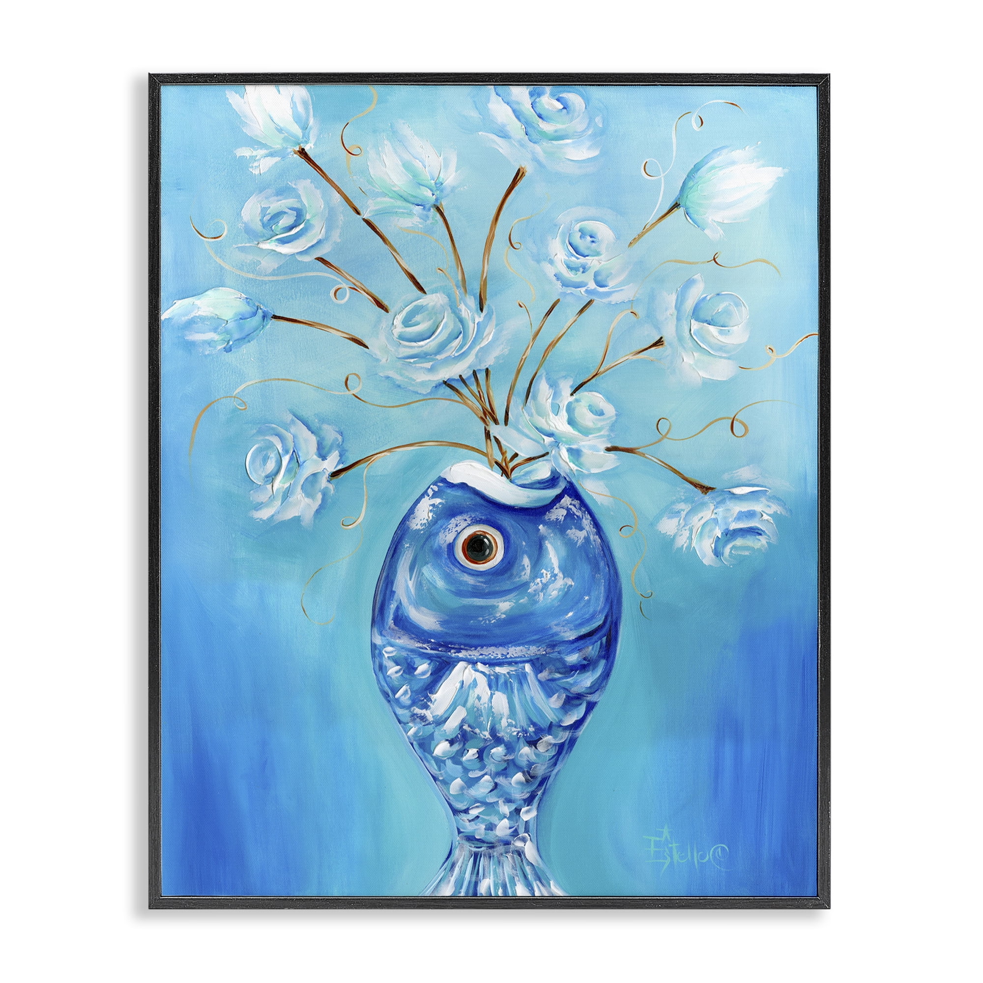 Stupell Industries Fish Vase Bouquet Botanical & Floral Painting Black Framed Art Print Wall Art, 16 x 20