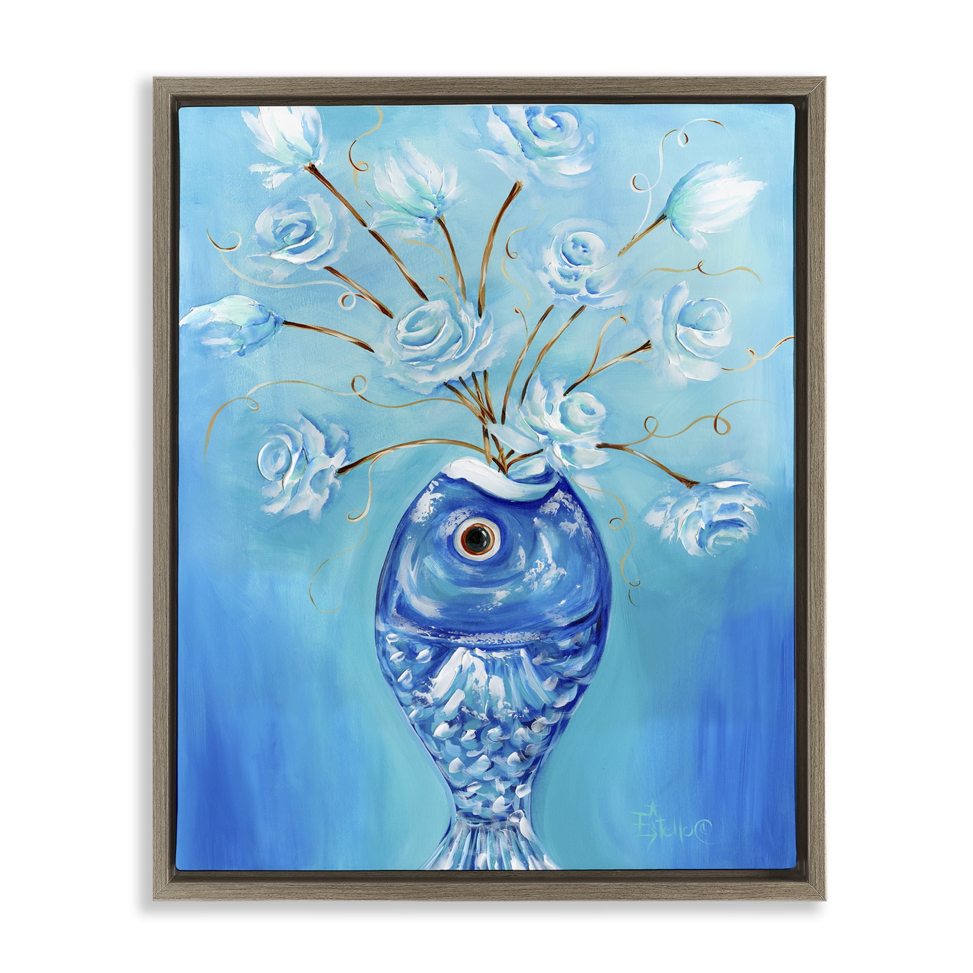 Stupell Industries Fish Vase Bouquet Botanical & Floral Painting Brown Floater Framed Art Print Wall Art, 25 x 31