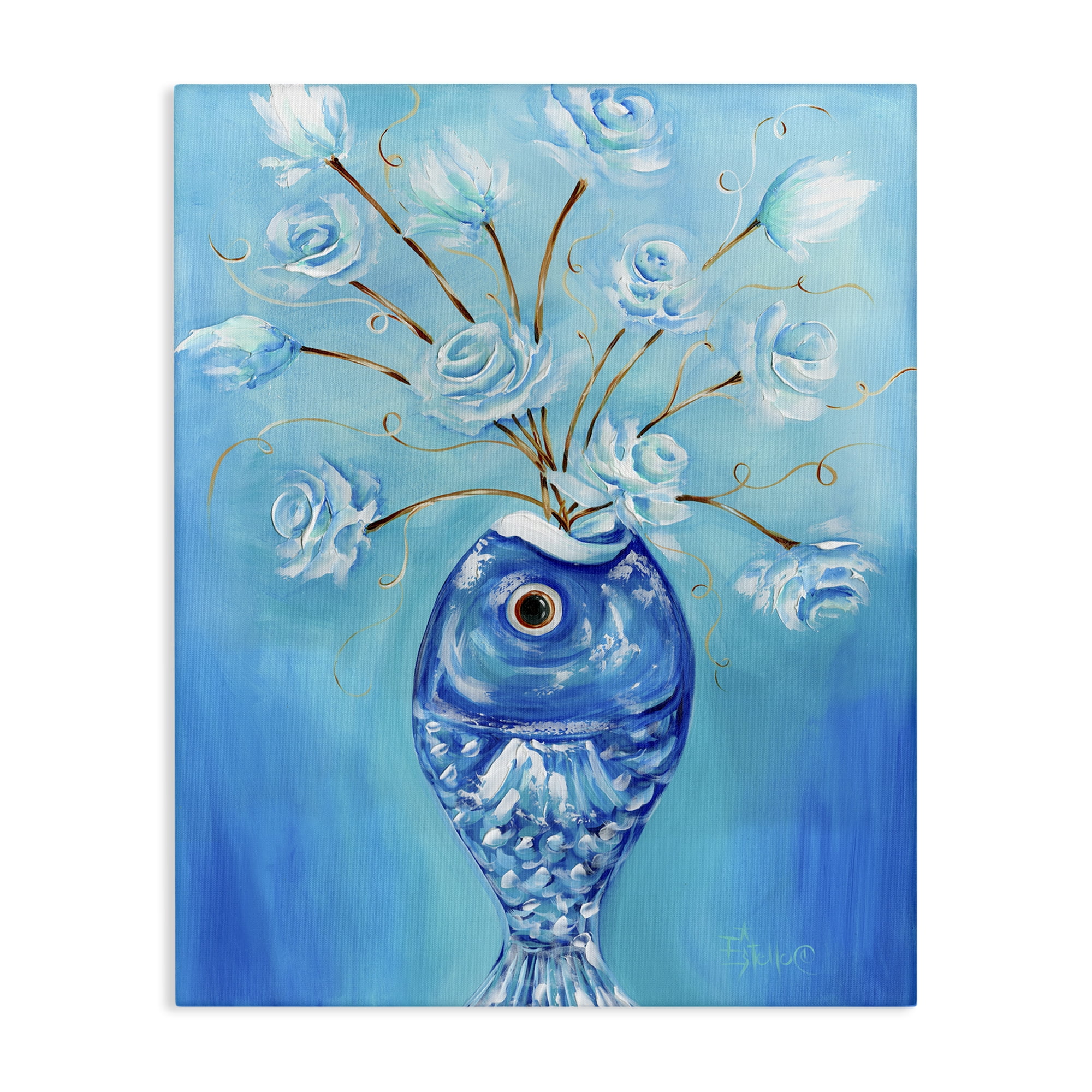 Stupell Industries Fish Vase Bouquet Botanical & Floral Painting Gallery Wrapped Canvas Art Print Wall Art, 30 x 40