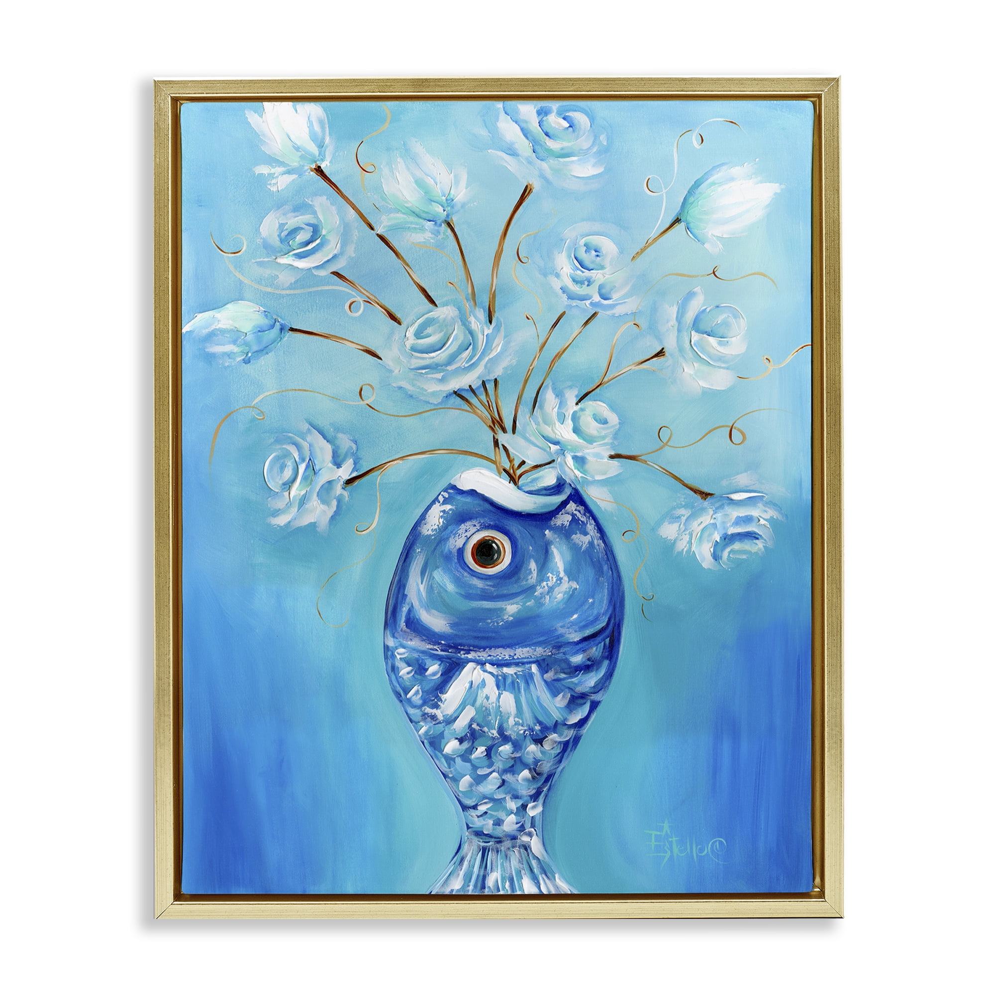 Stupell Industries Fish Vase Bouquet Botanical & Floral Painting Gold Floater Framed Art Print Wall Art, 25 x 31