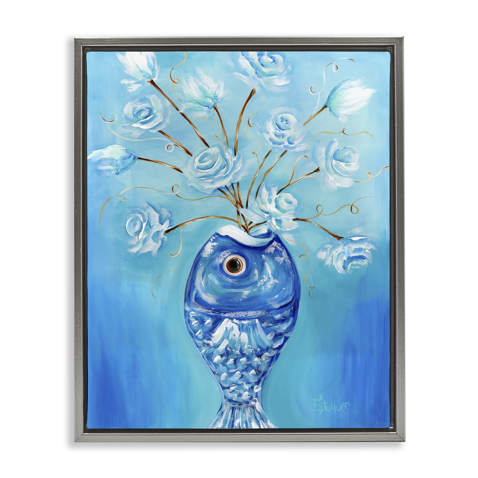 Stupell Industries Fish Vase Bouquet Botanical & Floral Painting Gray Floater Framed Art Print Wall Art, 17 x 21