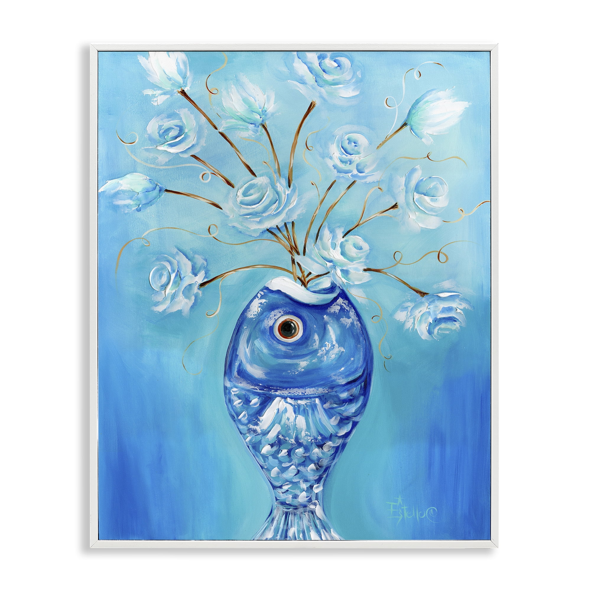 Stupell Industries Fish Vase Bouquet Botanical & Floral Painting White Framed Art Print Wall Art, 16 x 20