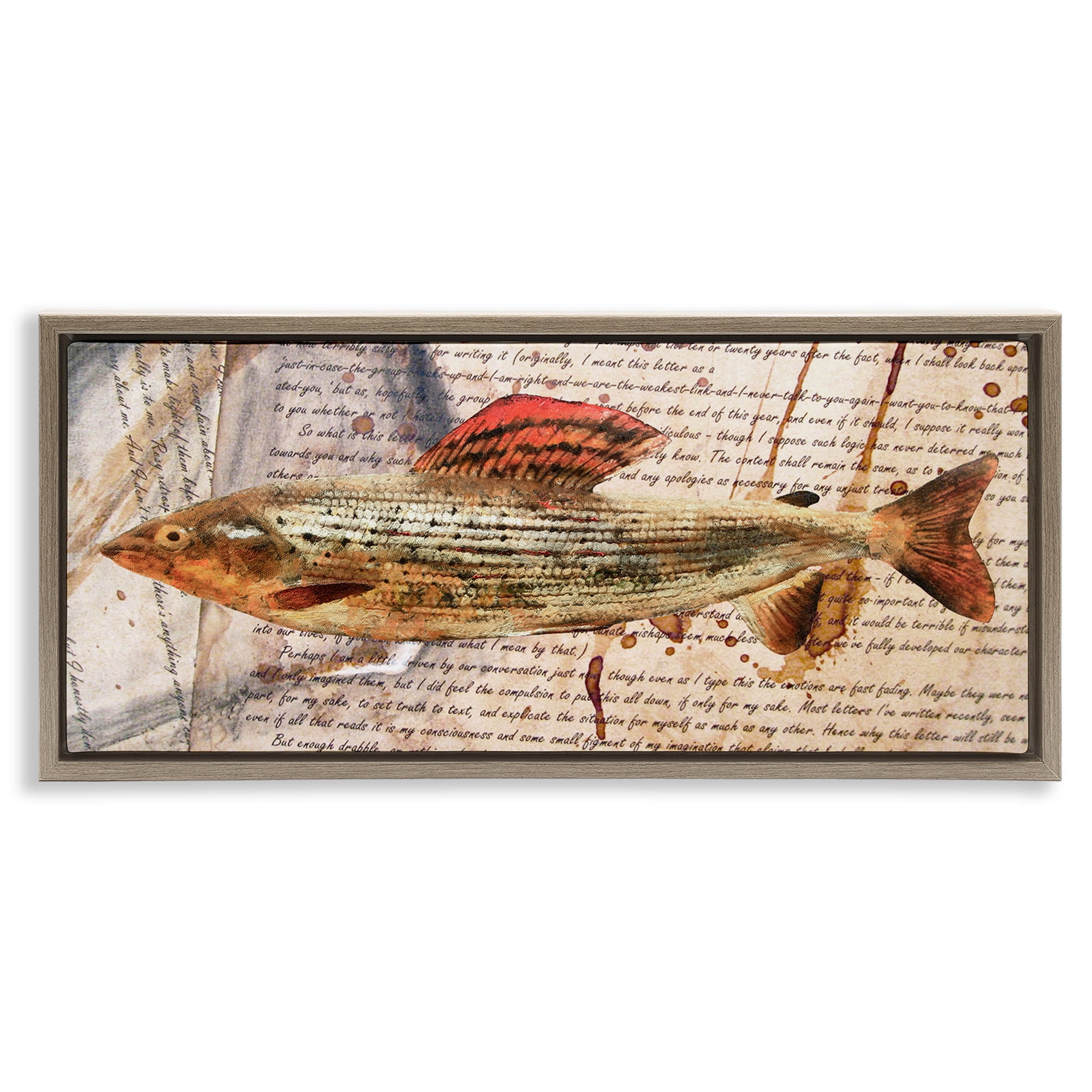 Stupell Industries Fish with Vintage Text Animals & Insects Painting Brown Floater Framed Canvas Art Print Wall Art, 25 x 11