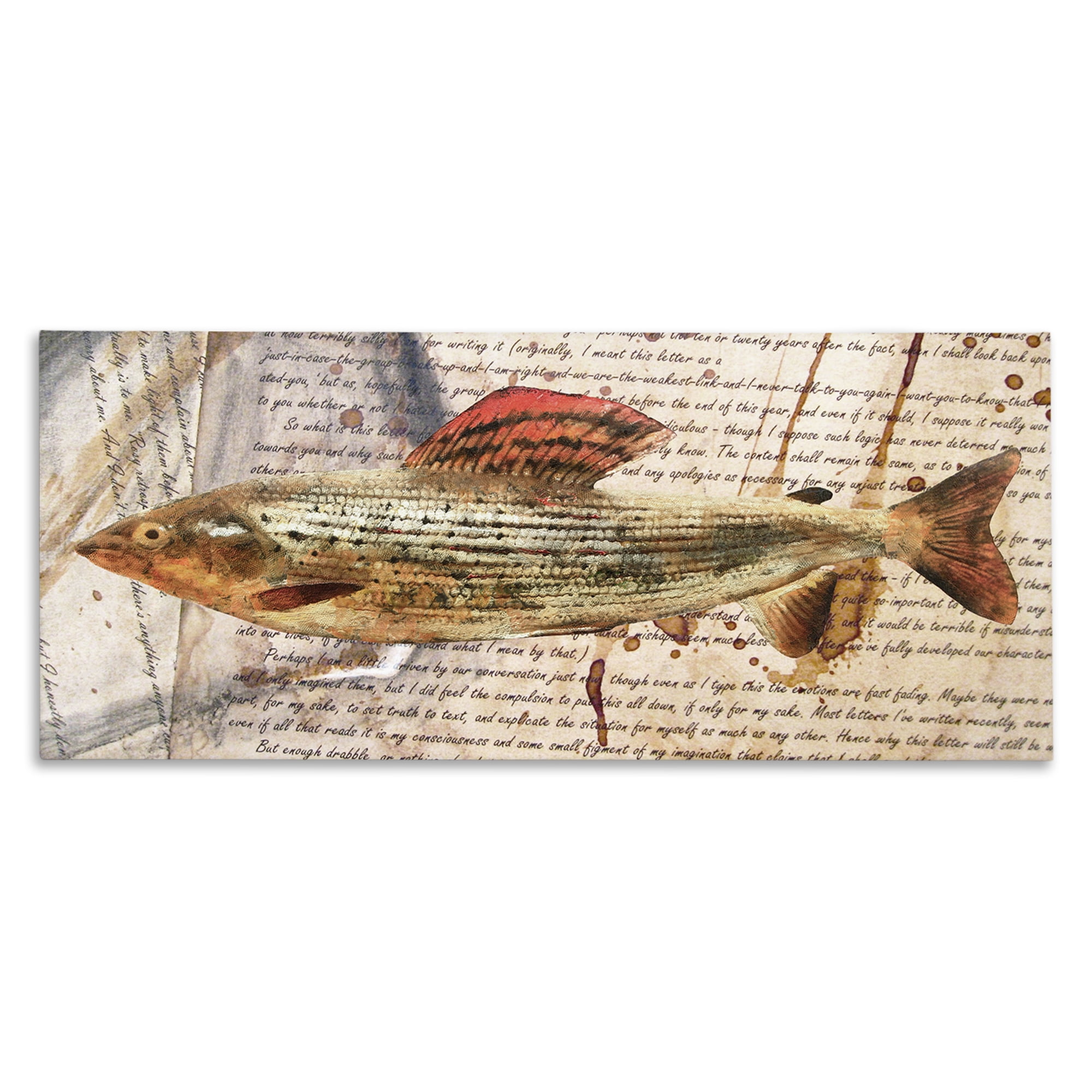 Stupell Industries Fish with Vintage Text Animals & Insects Painting Gallery Wrapped Canvas Art Print Wall Art, 40 x 17