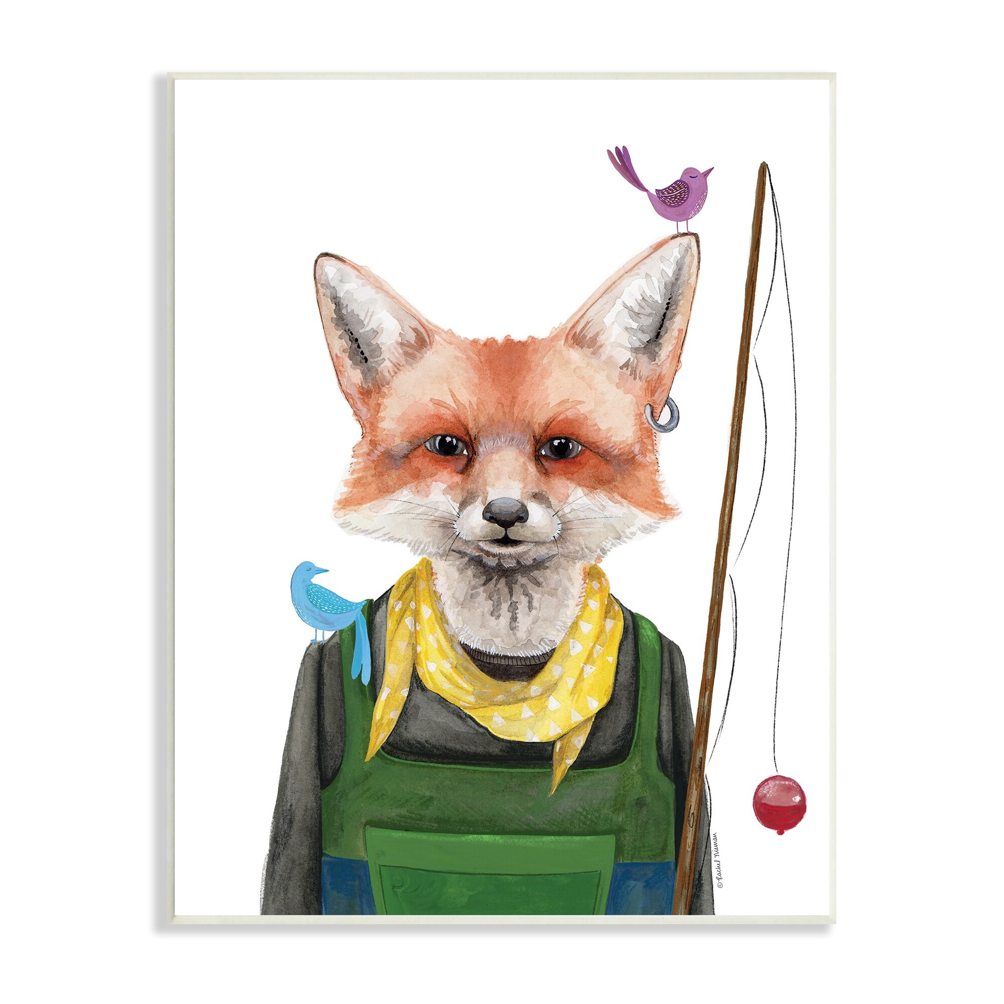 Stupell Industries Fisherman Camper Red Fox Birds Fishing Pole Wood Wall Art, 10 x 15, Design by Rachel Nieman