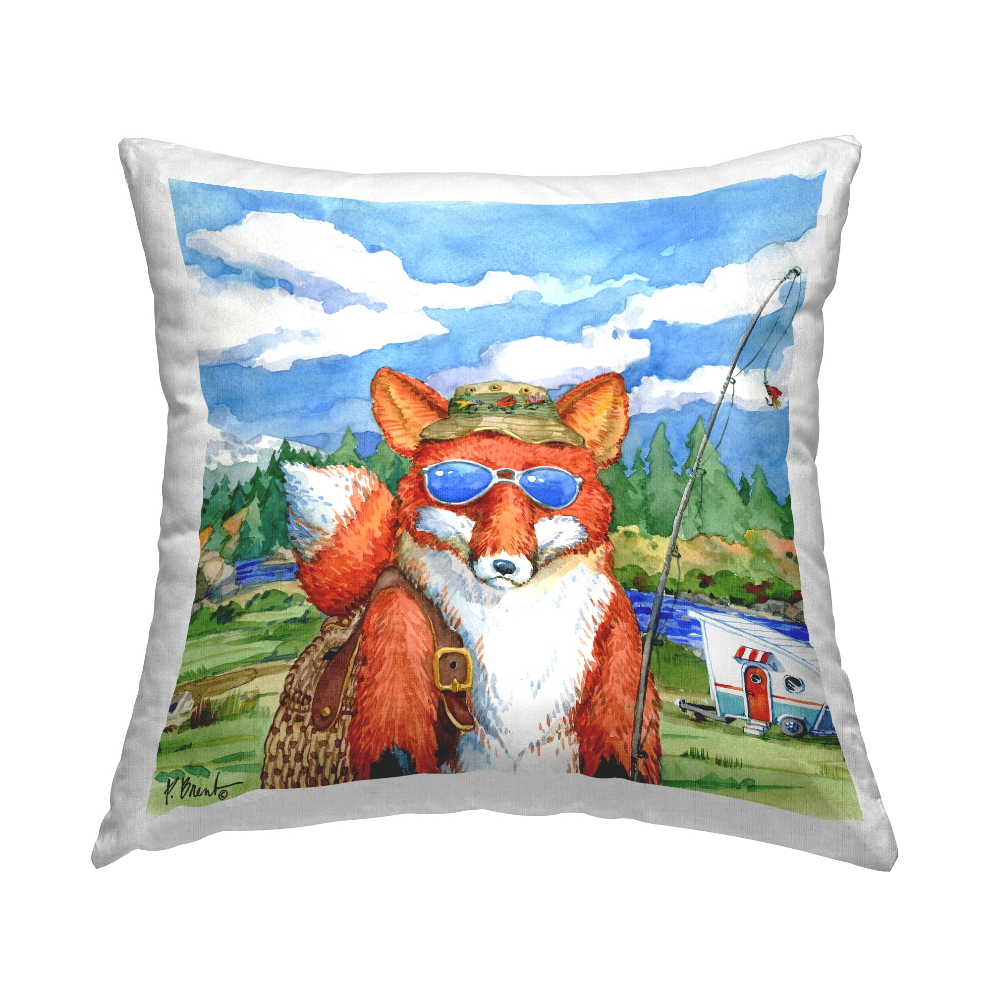 Stupell Industries Fisherman Fox Wildlife Camping Landscape Design by Paul Brent Throw Pillow
