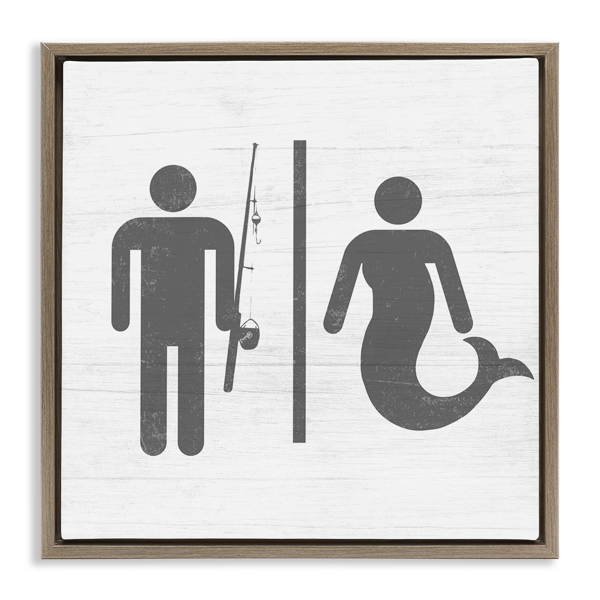 Stupell Industries Fisherman or Mermaid Bathroom Typography Painting Brown Floater Framed Canvas Art Print Wall Art, 25 x 25