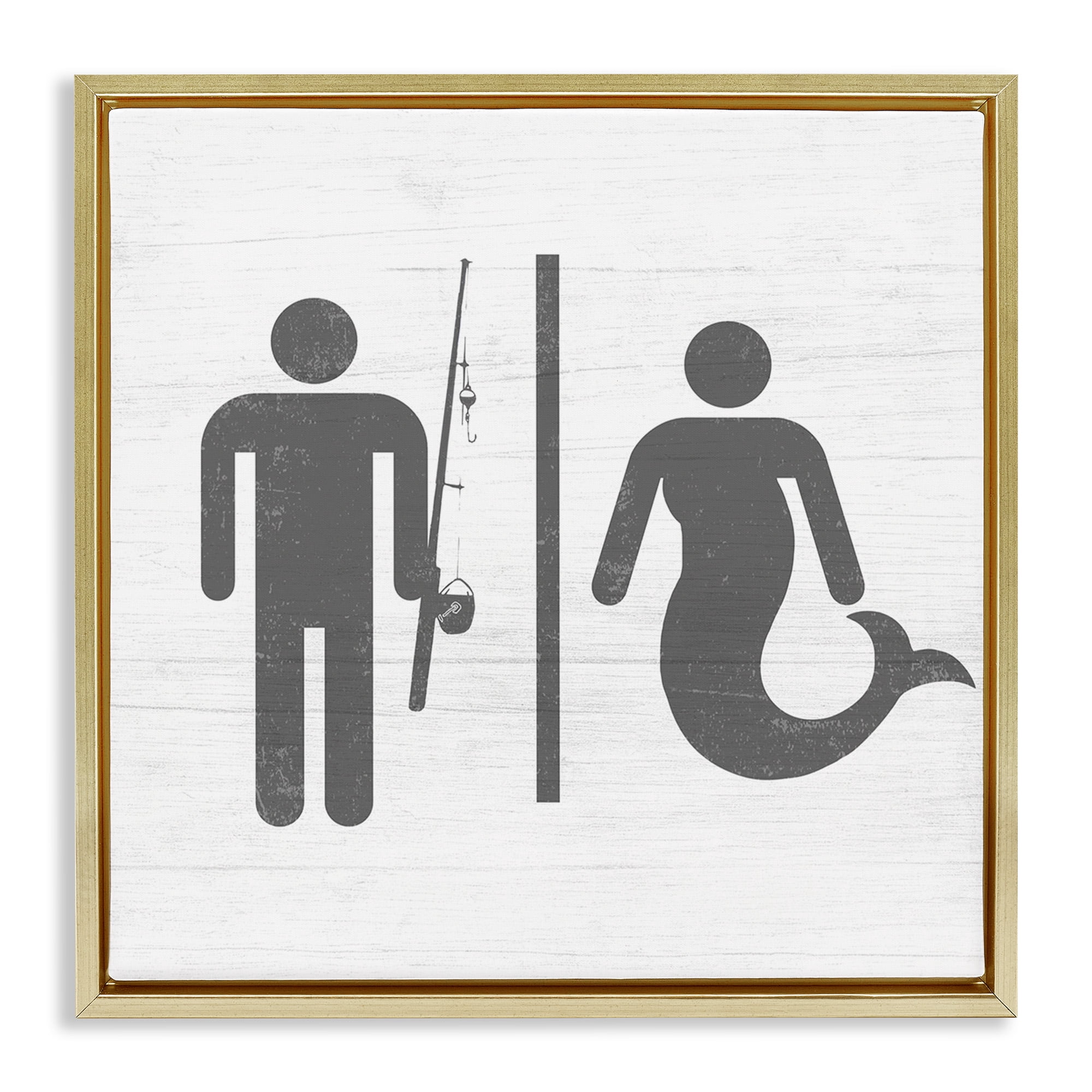 Stupell Industries Fisherman or Mermaid Bathroom Typography Painting Gold Floater Framed Canvas Art Print Wall Art, 18 x 18