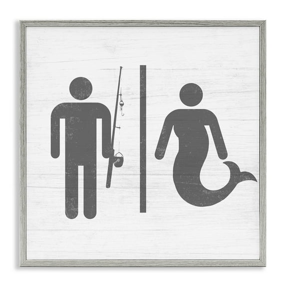 Stupell Industries Fisherman or Mermaid Bathroom Typography Painting Gray Framed Art Print Wall Art, 24 x 24