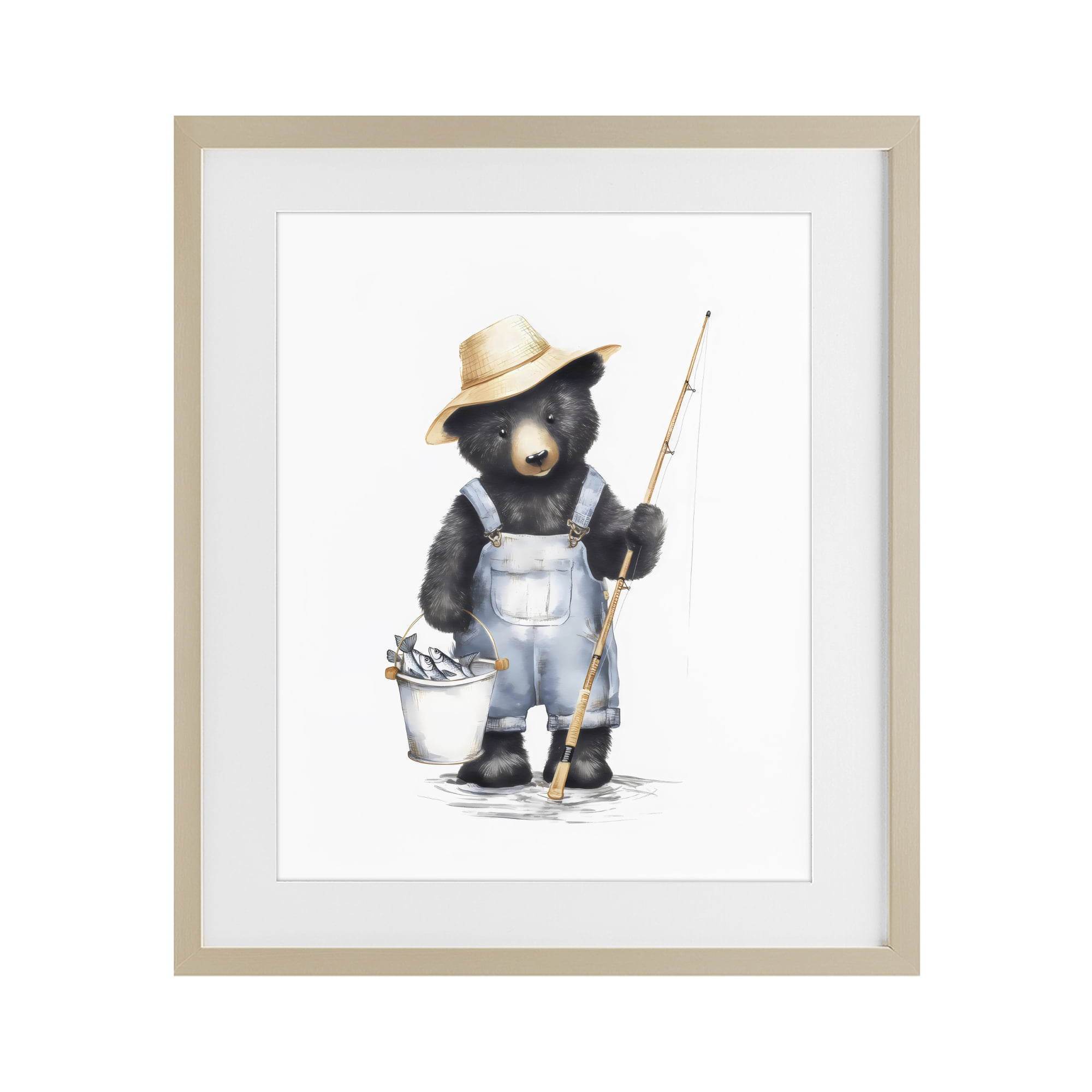 Stupell Industries Fishing Bear in Straw Hat Birch Framed Print Under Glass, design by Arlington Prints