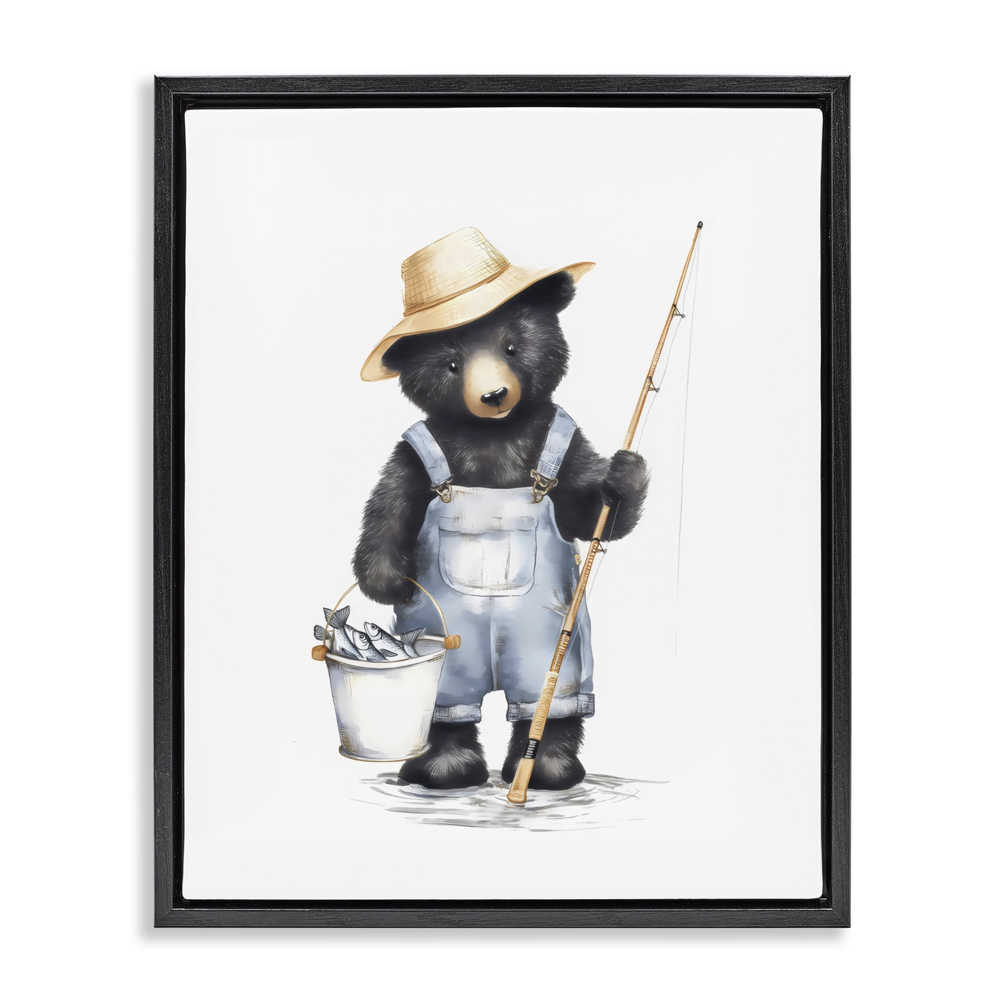 Stupell Industries Fishing Bear in Straw Hat Black Framed Floater Canvas Wall Art, design by Arlington Prints