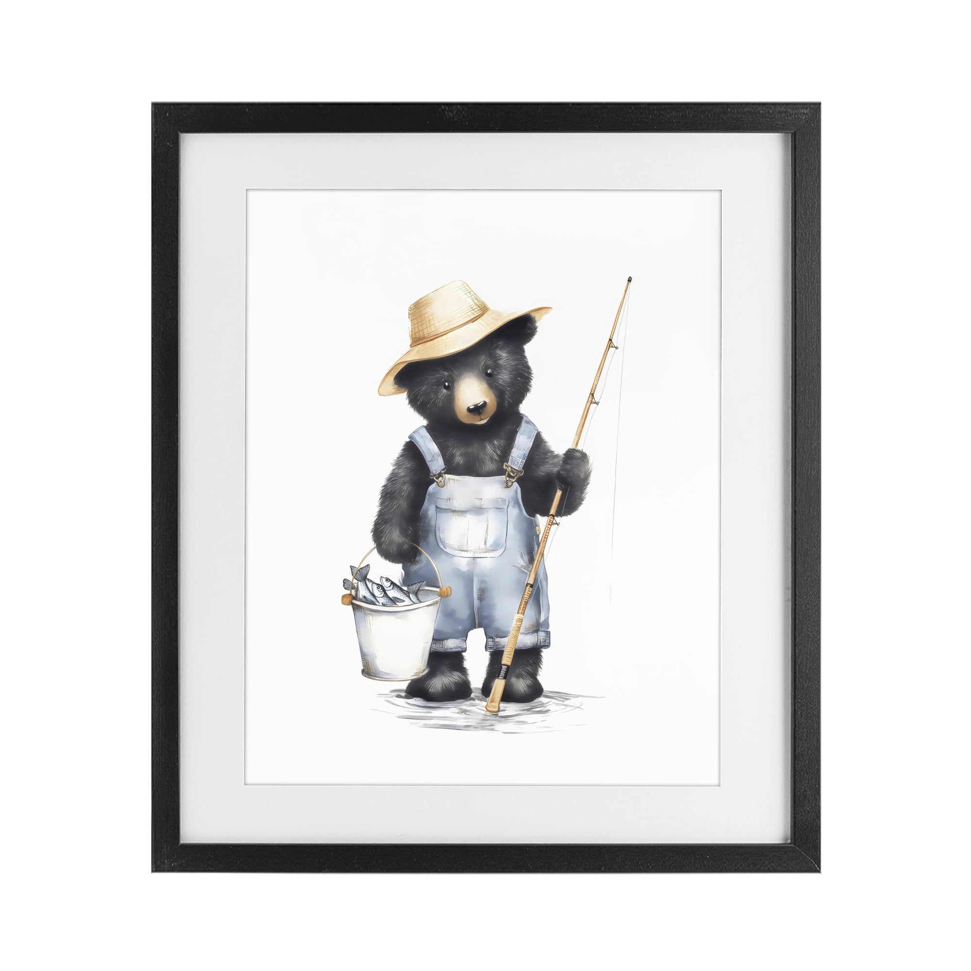 Stupell Industries Fishing Bear in Straw Hat Black Framed Print Under Glass, design by Arlington Prints