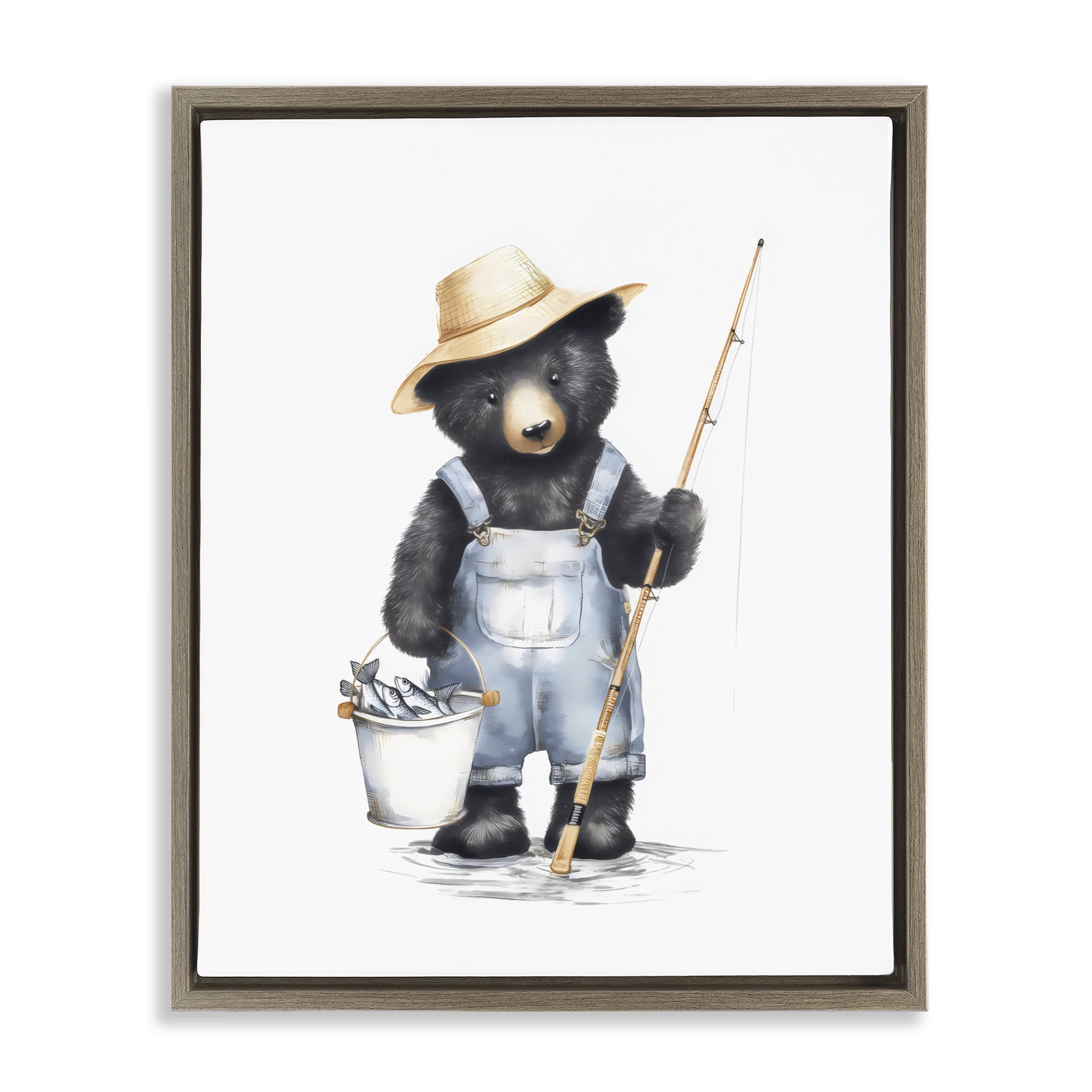 Stupell Industries Fishing Bear in Straw Hat Brown Framed Floater Canvas Wall Art, design by Arlington Prints