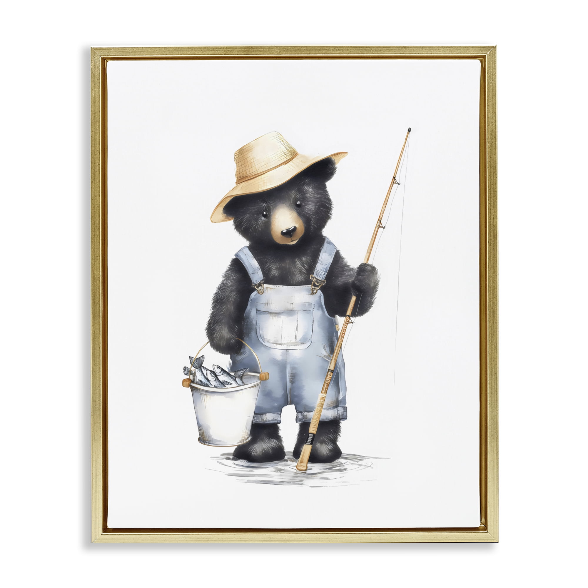 Stupell Industries Fishing Bear in Straw Hat Gold Framed Floater Canvas Wall Art, design by Arlington Prints