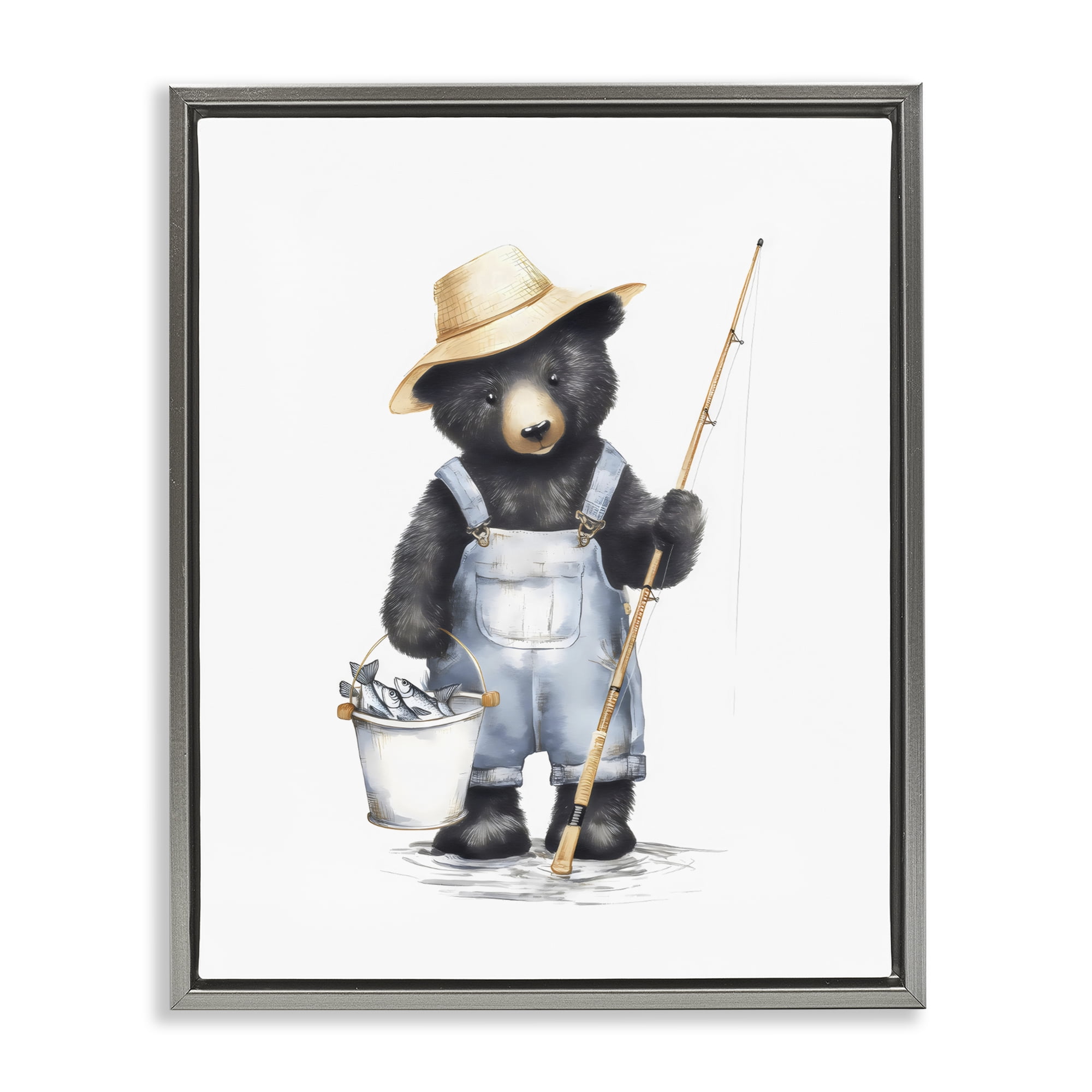 Stupell Industries Fishing Bear in Straw Hat Gray Framed Floater Canvas Wall Art, design by Arlington Prints