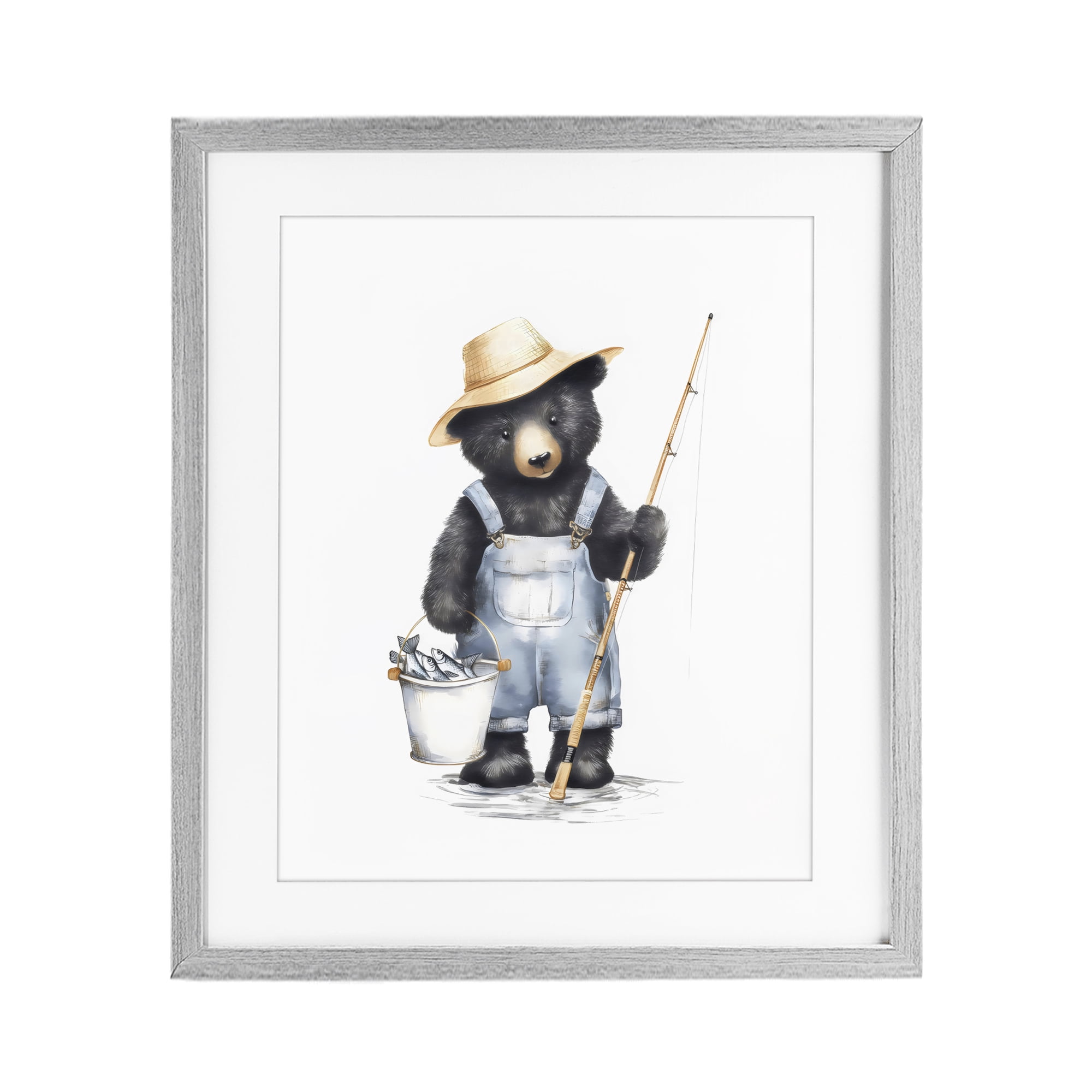 Stupell Industries Fishing Bear in Straw Hat Gray Framed Print Under Glass, design by Arlington Prints