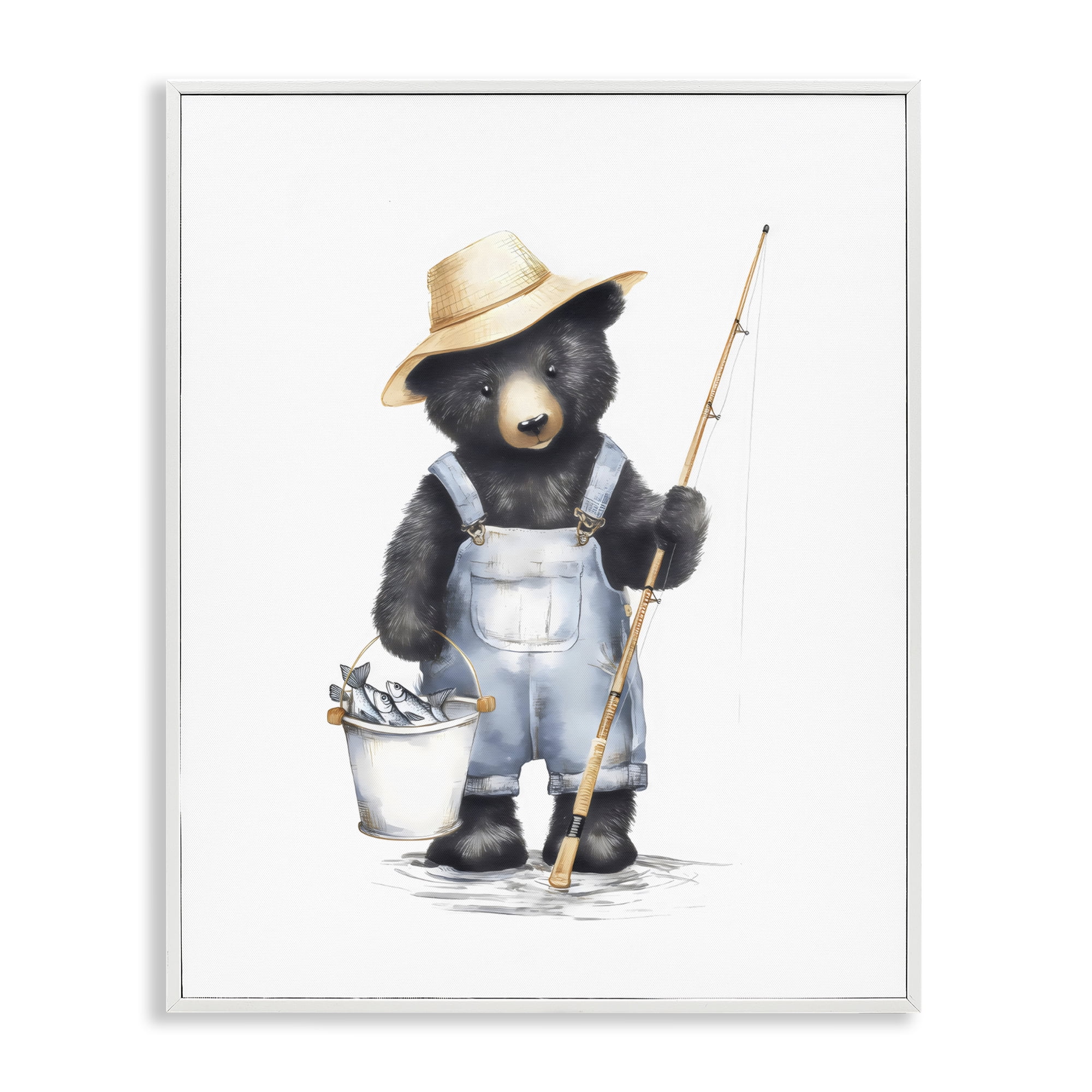Stupell Industries Fishing Bear in Straw Hat White Framed Giclee Art, design by Arlington Prints