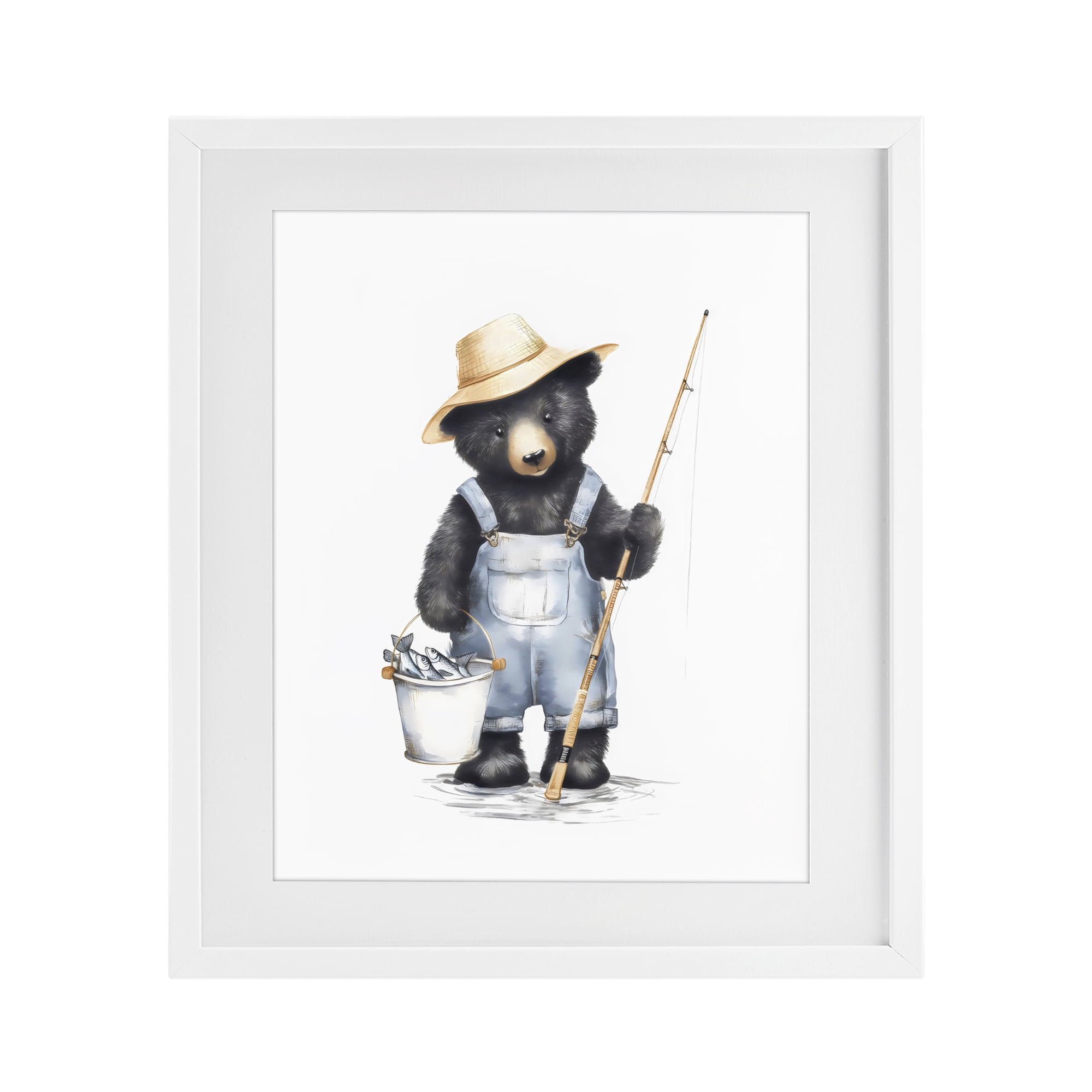 Stupell Industries Fishing Bear in Straw Hat White Framed Print Under Glass, design by Arlington Prints