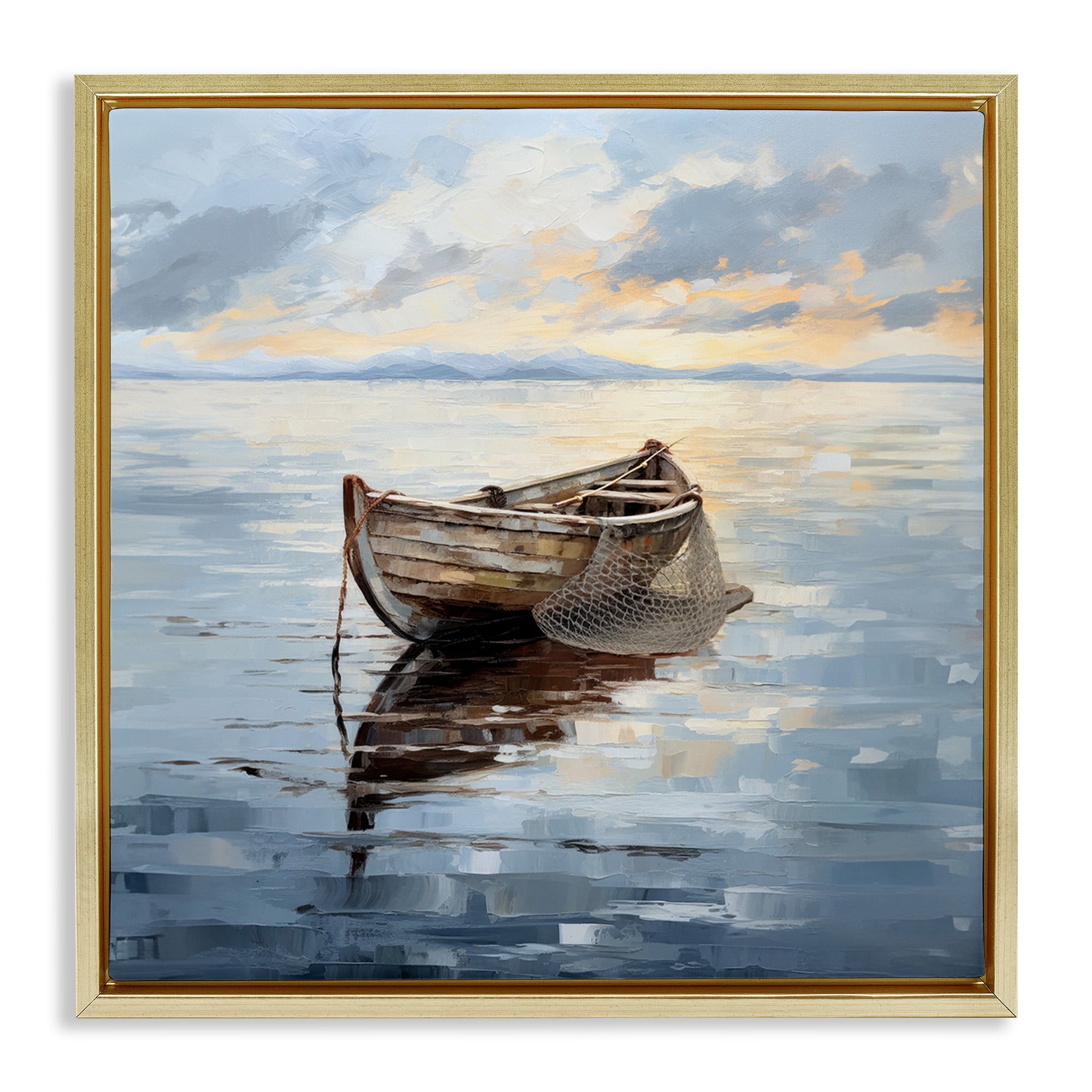 Stupell Industries Fishing Boat Painting Transportation Painting Gold Floater Framed Canvas Art Print Wall Art, 18 x 18