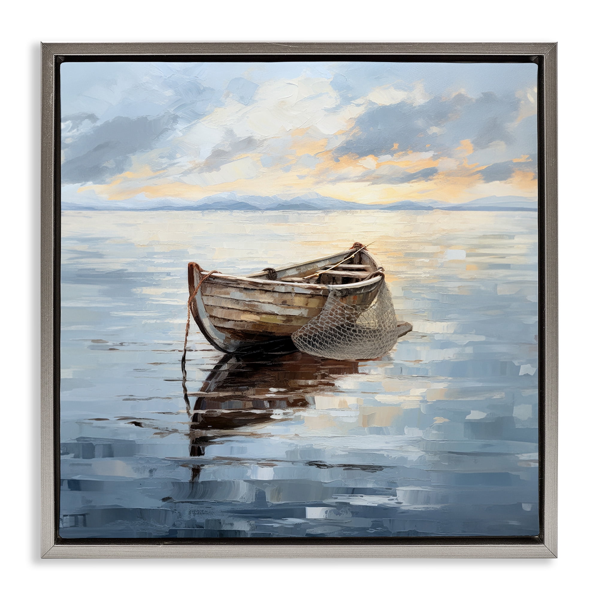 Stupell Industries Fishing Boat Painting Transportation Painting Gray Floater Framed Canvas Art Print Wall Art, 18 x 18