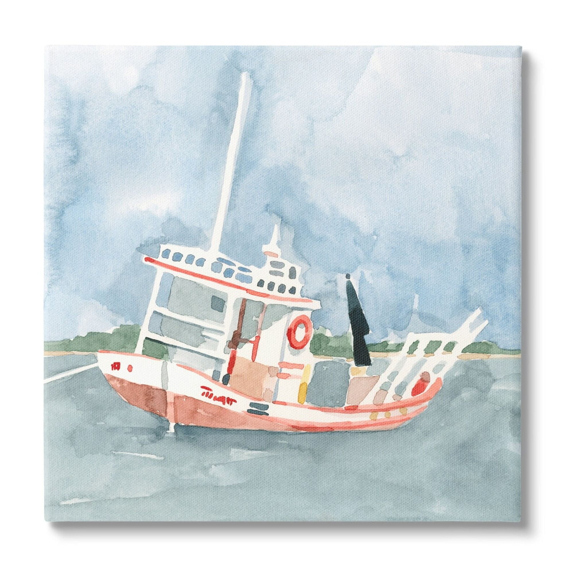 Stupell Industries Fishing Boat Sea Travel Vessel Watercolor Painting,17 x 17, Design by Emma Caroline