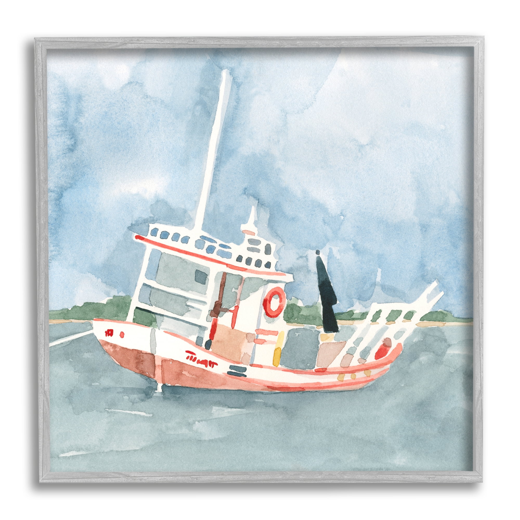 Stupell Industries Fishing Boat Sea Travel Vessel Watercolor Painting,17 x 17, Design by Emma Caroline
