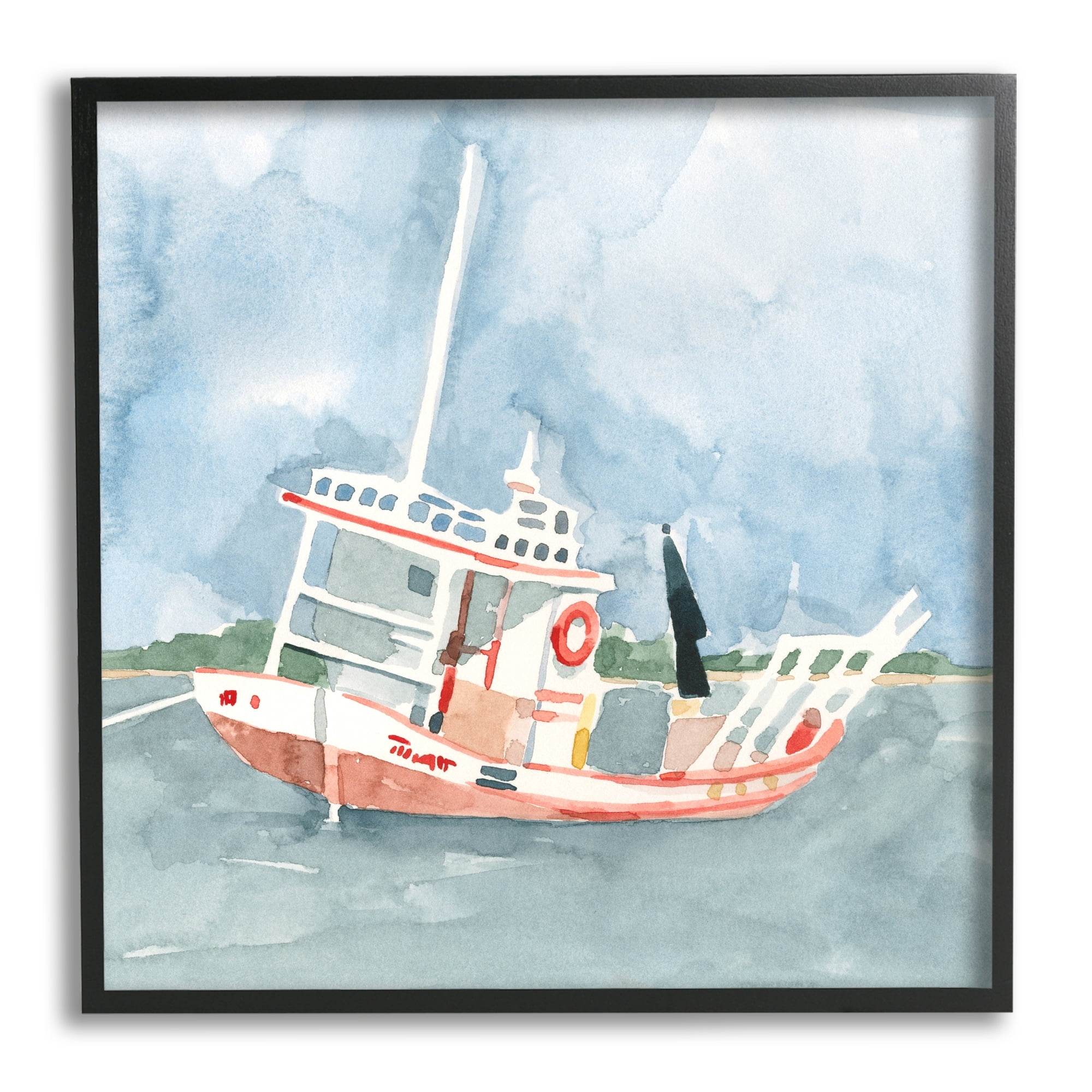 Stupell Industries Fishing Boat Sea Travel Vessel Watercolor Painting,17 x 30, Design by Emma Caroline