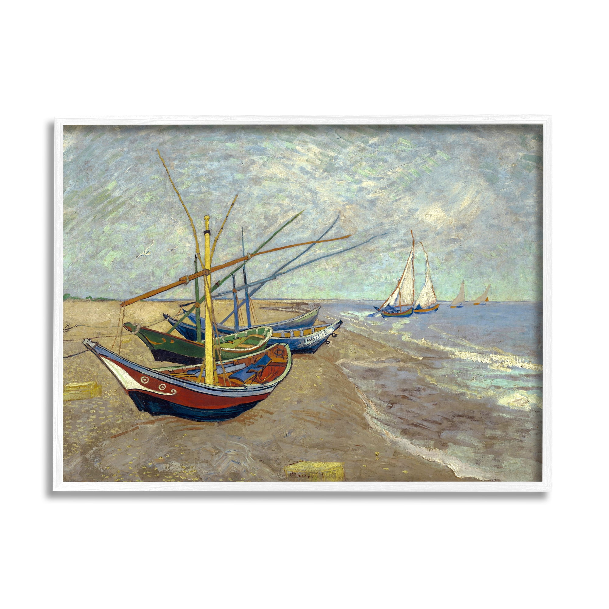Stupell Industries Fishing Boats on Beach Saintes Maries Vincent van Gogh Painting Painting White Framed Art Print Wall Art, Design by one1000paintings