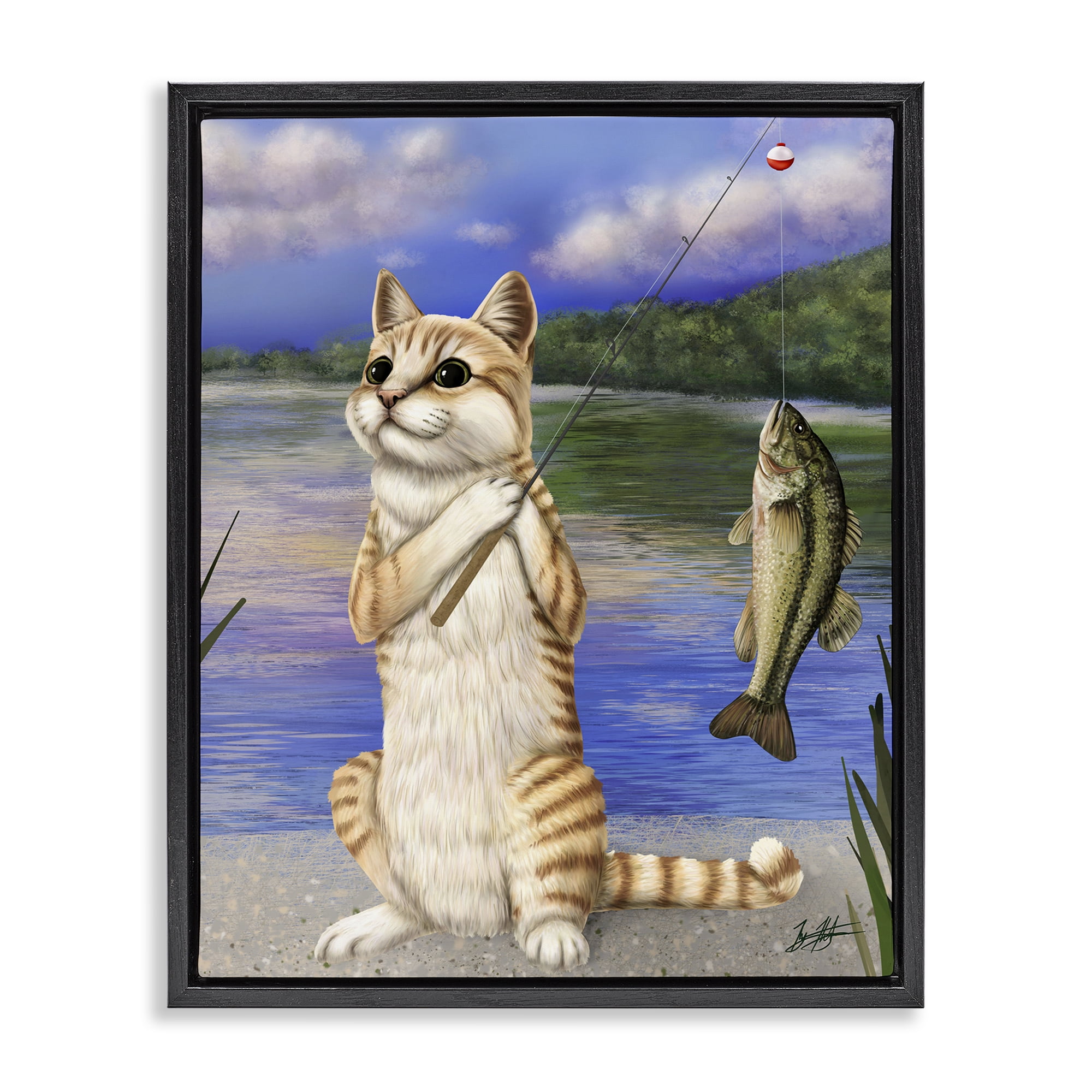 Stupell Industries Fishing Cat by Lake Animals & Insects Painting Black Floater Framed Canvas Art Print Wall Art, 17 x 21