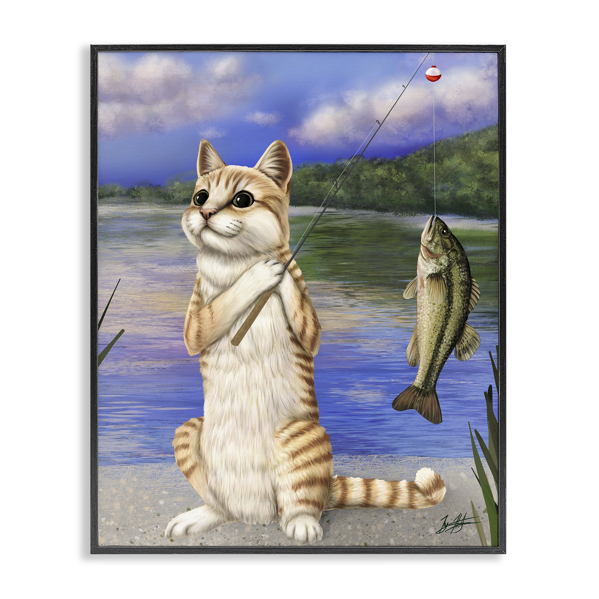 Stupell Industries Fishing Cat by Lake Animals & Insects Painting Black Framed Art Print Wall Art, 11 x 14