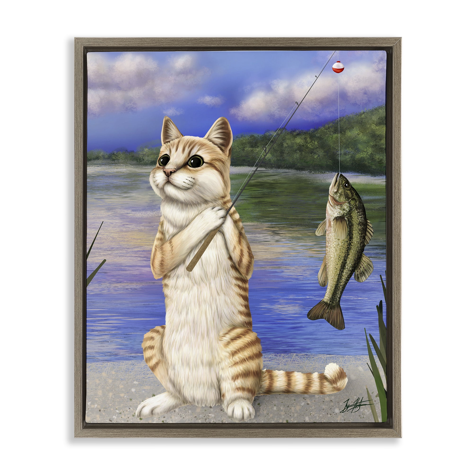 Stupell Industries Fishing Cat by Lake Animals & Insects Painting Brown Floater Framed Canvas Art Print Wall Art, 17 x 21