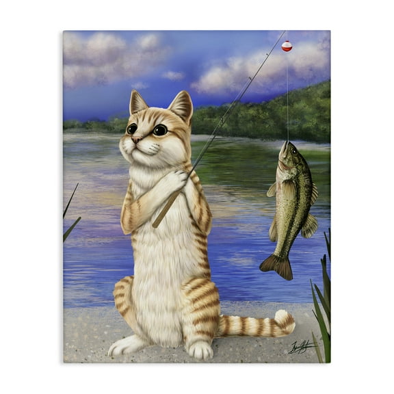 Stupell Industries Fishing Cat by Lake Animals & Insects Painting Gallery Wrapped Canvas Art Print Wall Art, 16 x 20