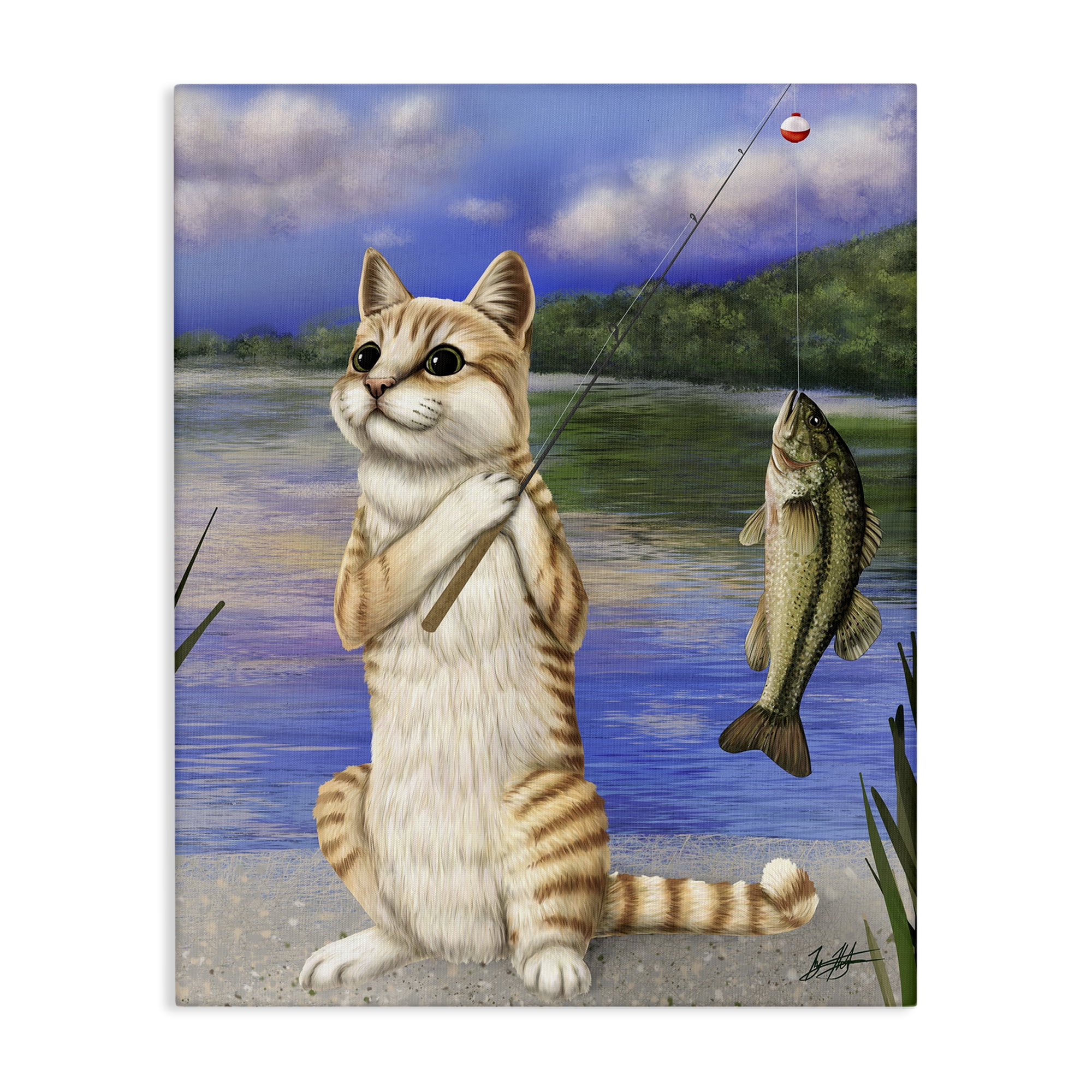 Stupell Industries Fishing Cat by Lake Animals & Insects Painting Gallery Wrapped Canvas Art Print Wall Art, 30 x 40
