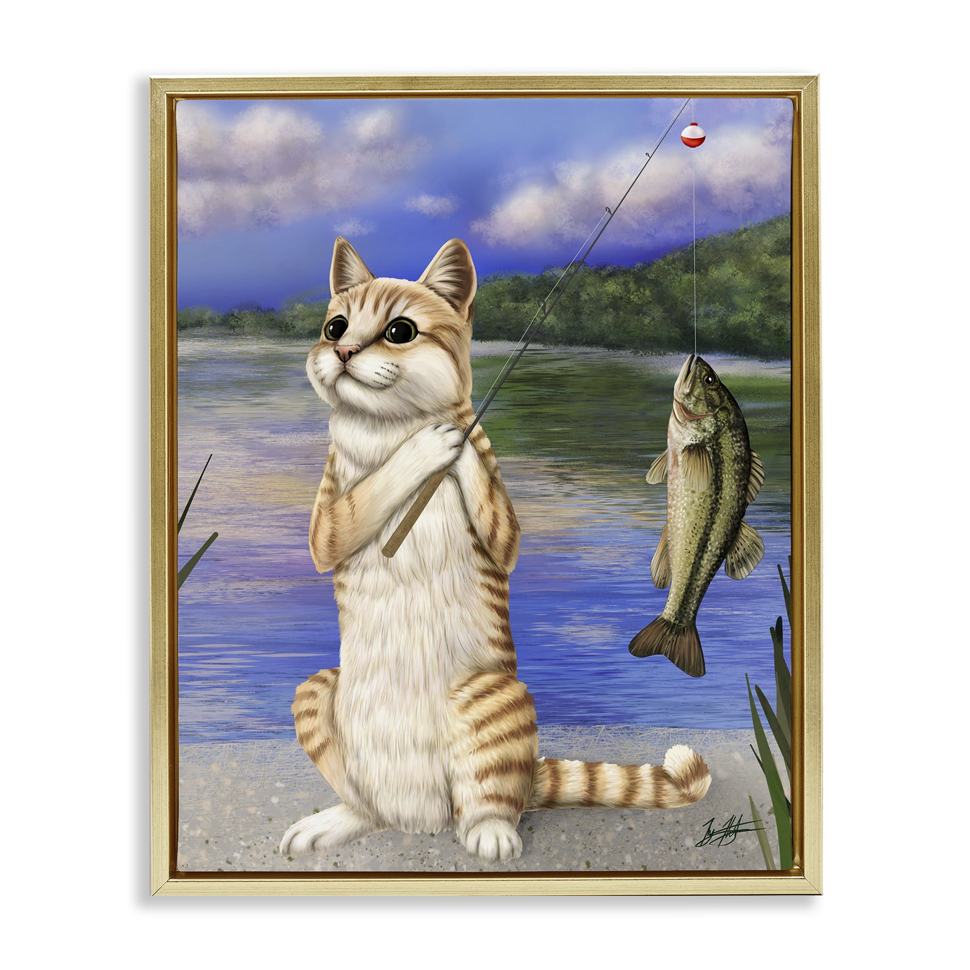 Stupell Industries Fishing Cat by Lake Animals & Insects Painting Gold Floater Framed Canvas Art Print Wall Art, 25 x 31