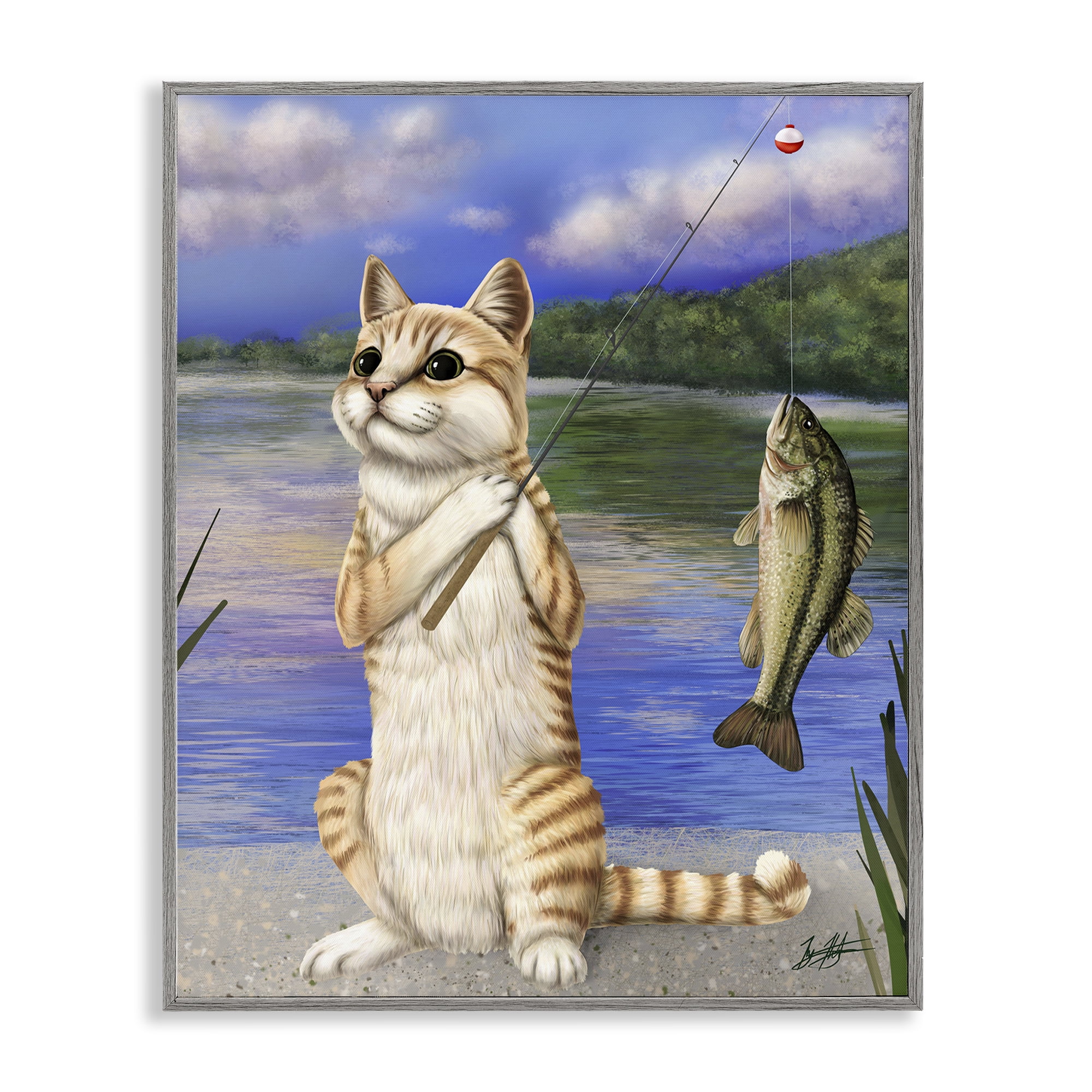 Stupell Industries Fishing Cat by Lake Animals & Insects Painting Gray Framed Art Print Wall Art, 24 x 30