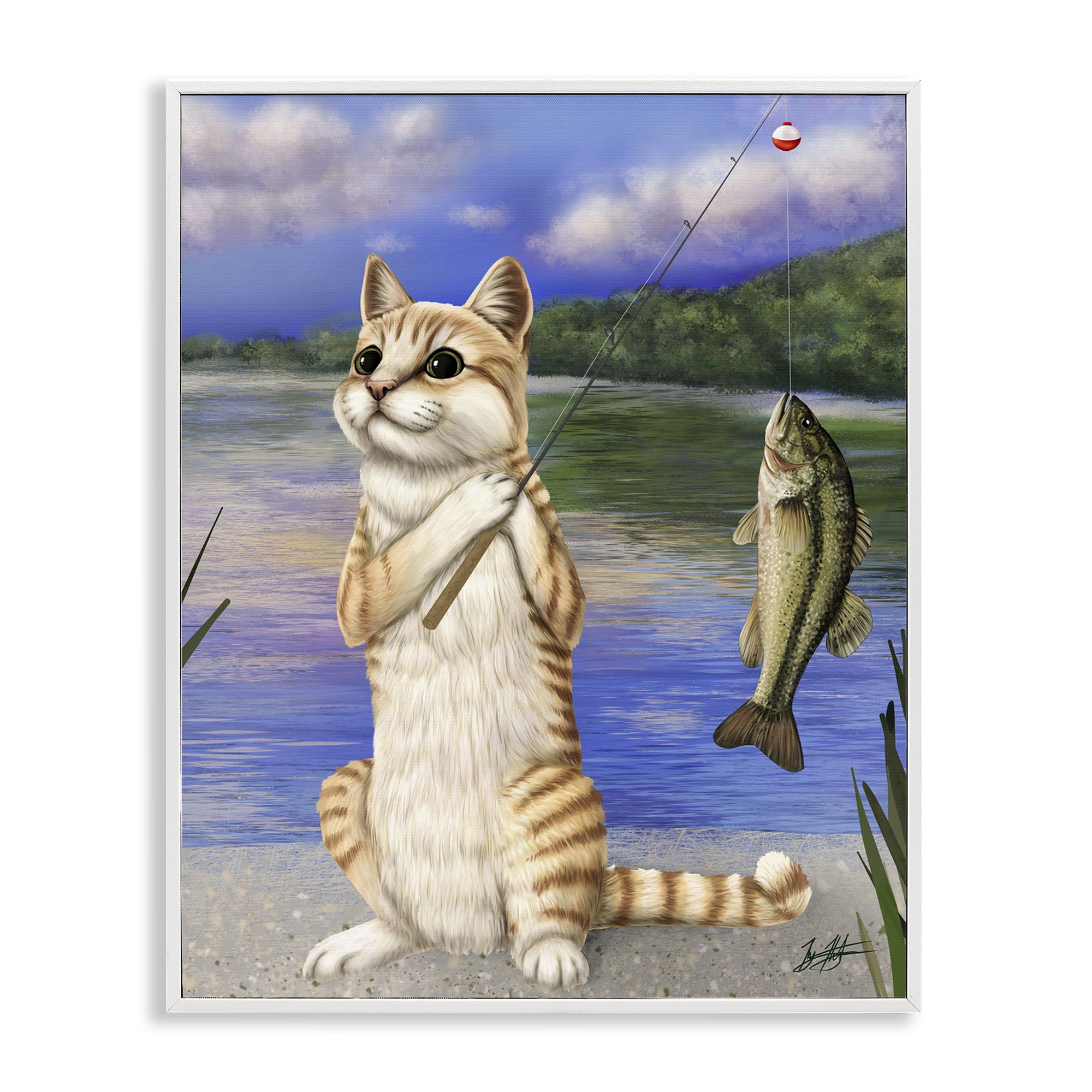 Stupell Industries Fishing Cat by Lake Animals & Insects Painting White Framed Art Print Wall Art, 24 x 30