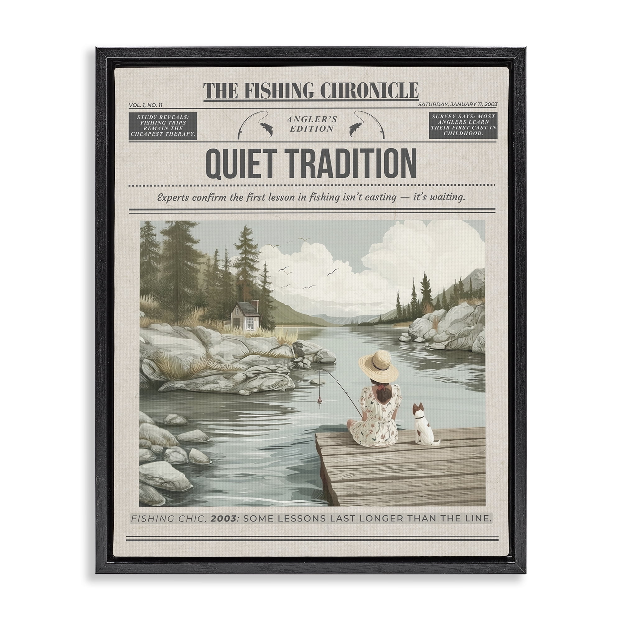 Stupell Industries Fishing Chronicle Magazine Black Framed Floater Canvas Wall Art, design by A Barefoot Stylist