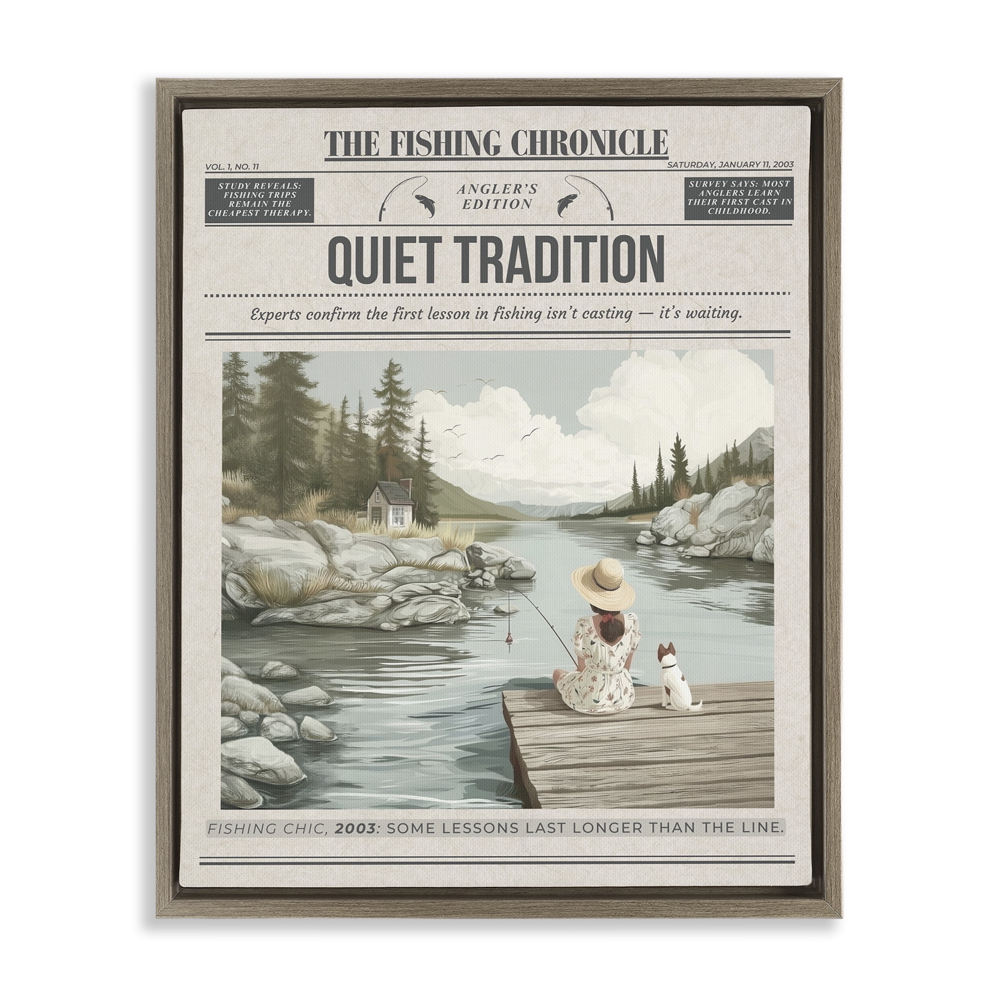 Stupell Industries Fishing Chronicle Magazine Brown Framed Floater Canvas Wall Art, design by A Barefoot Stylist