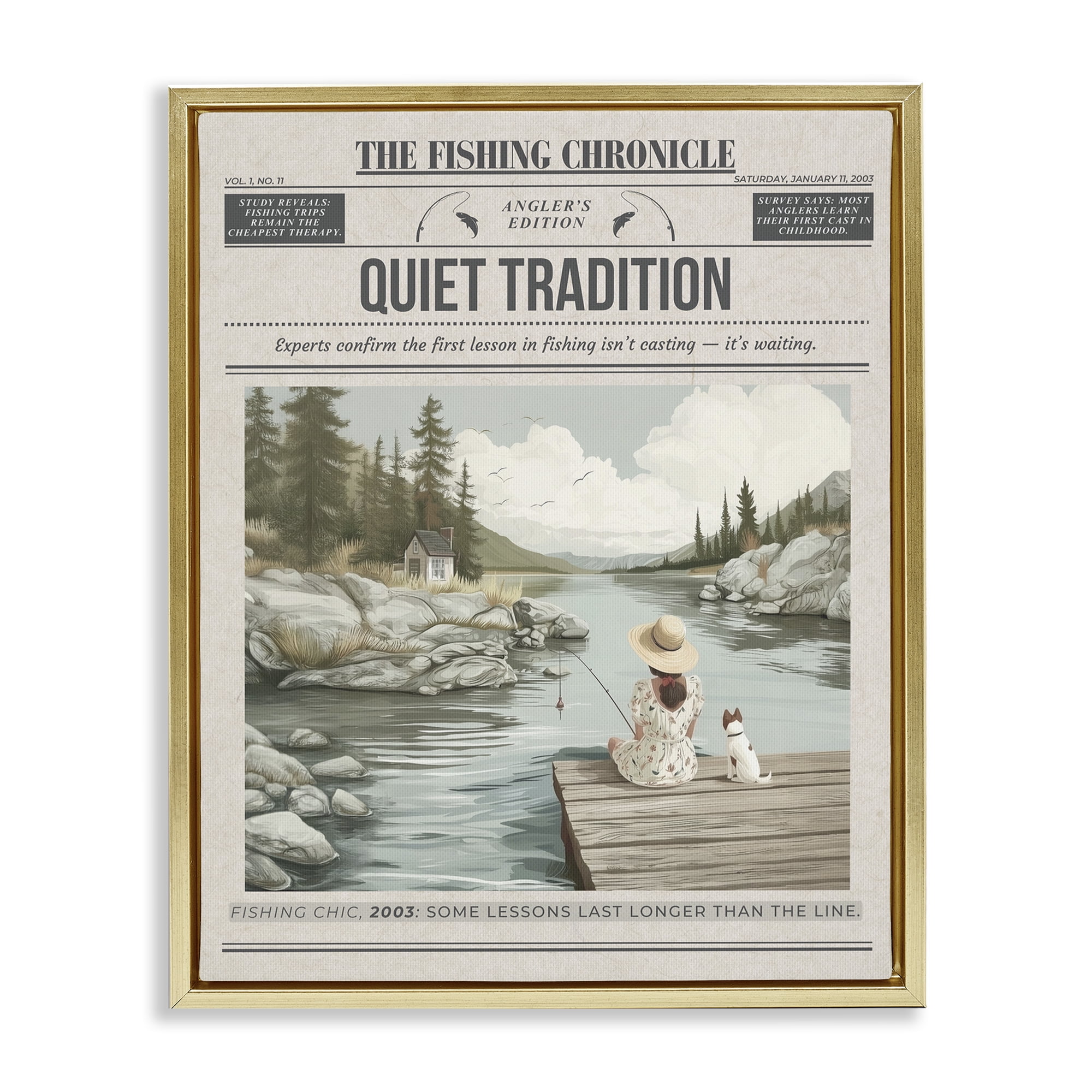 Stupell Industries Fishing Chronicle Magazine Gold Framed Floater Canvas Wall Art, design by A Barefoot Stylist
